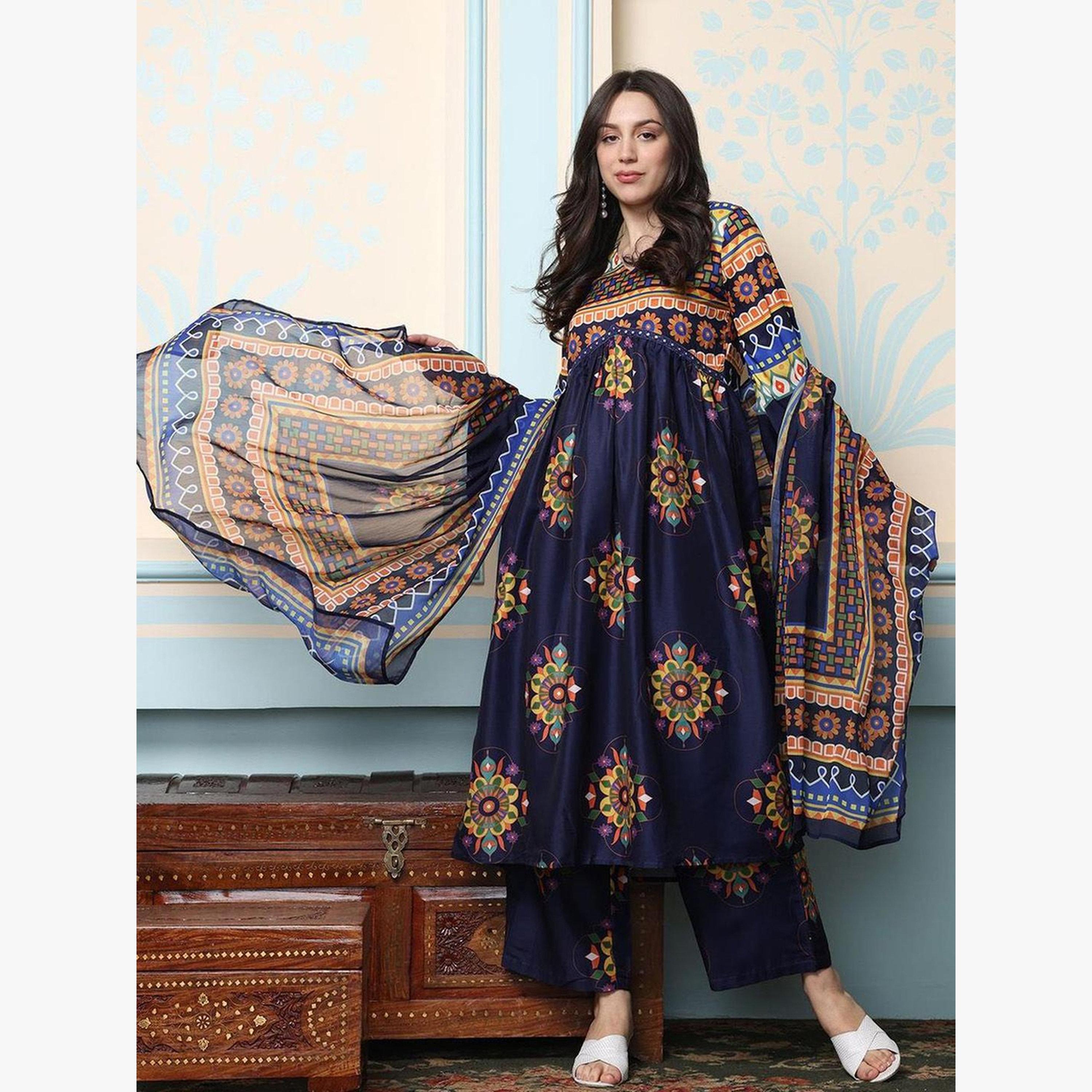 Ishin  Women Navy Blue Kurta with Pants and Dupatta Set-women-clothing-ethnicwear-kurtasets-image-2