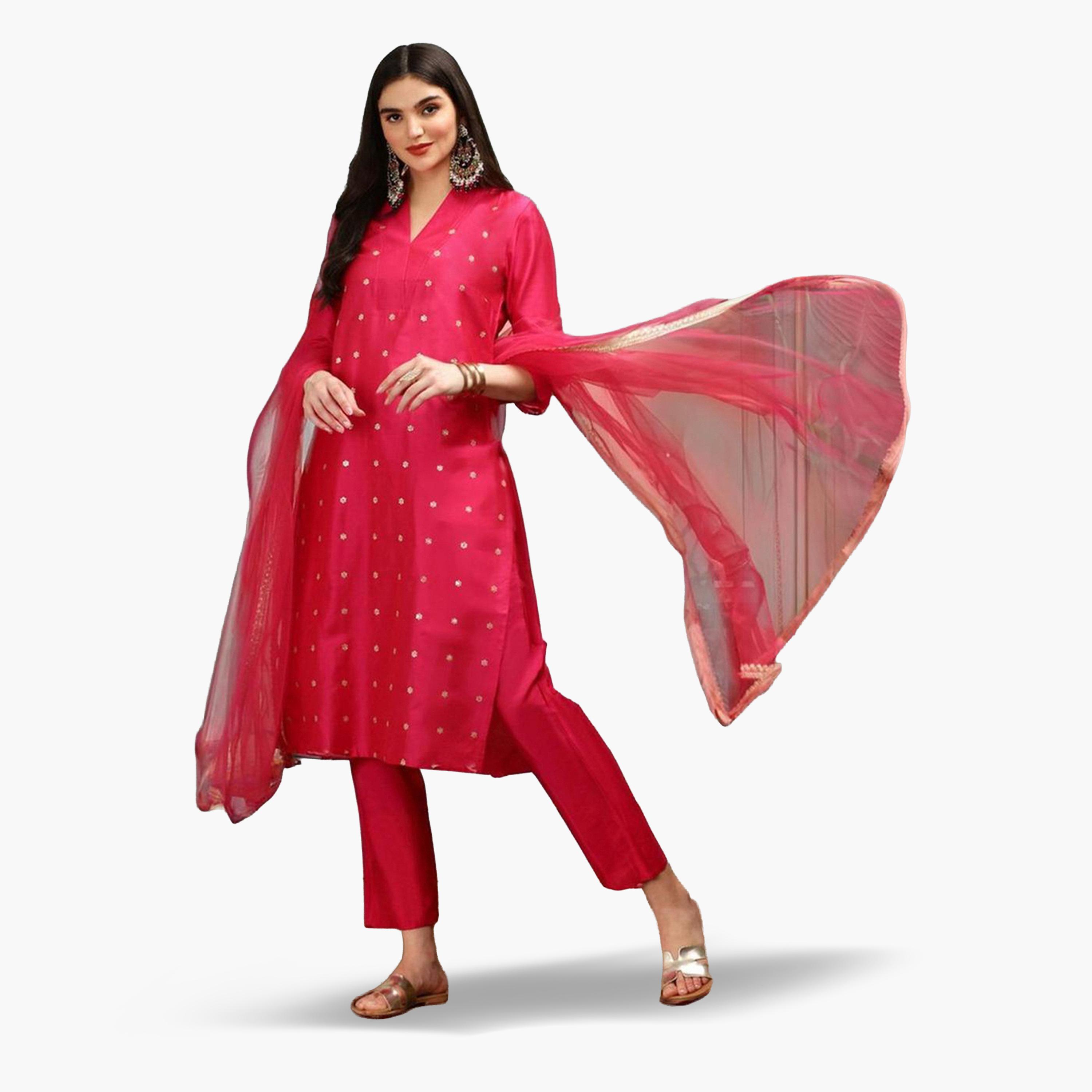 Ishin Pink Polka Dot Kurta with Pant and Dupatta Set-women-clothing-ethnicwear-kurtasets-image-1
