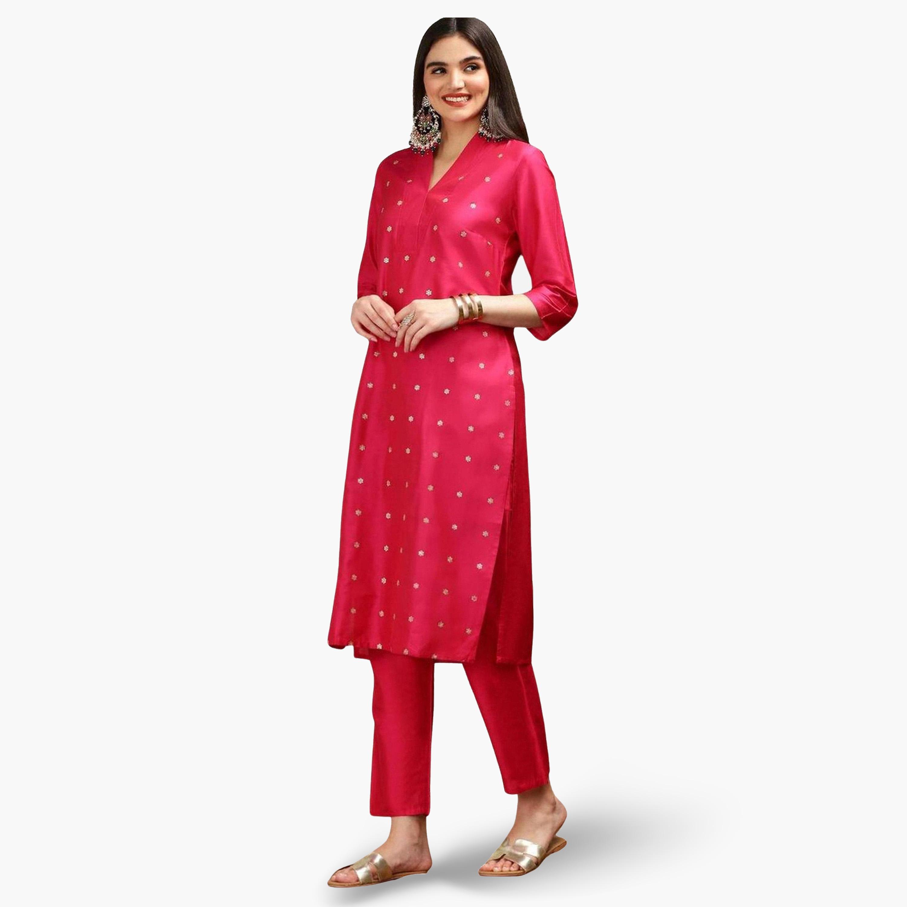 ايشين - قميص كورتا طويل لون وردي منقط مع بنطال وشال-women-clothing-ethnicwear-kurtasets-image-2