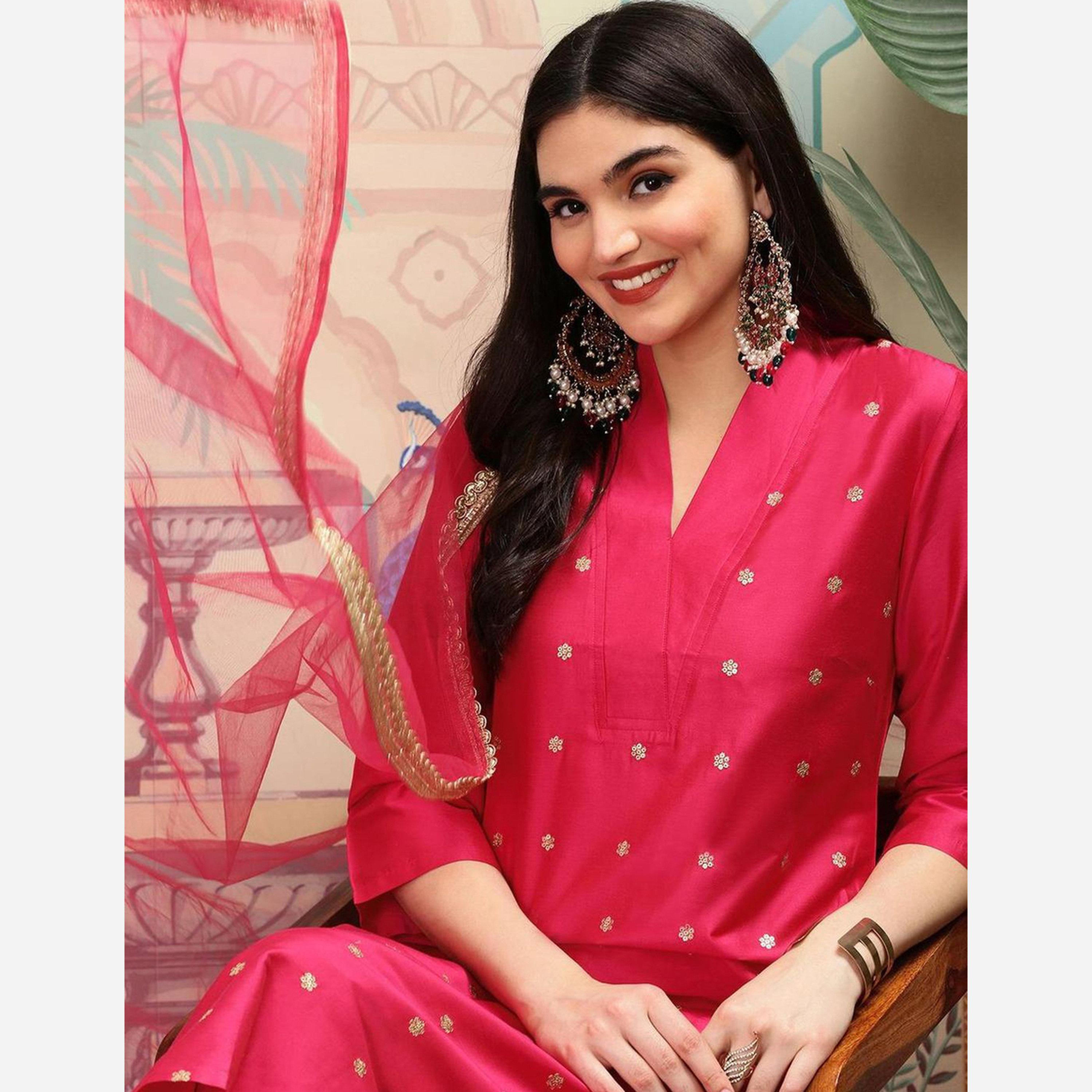 ايشين - قميص كورتا طويل لون وردي منقط مع بنطال وشال-women-clothing-ethnicwear-kurtasets-image-3