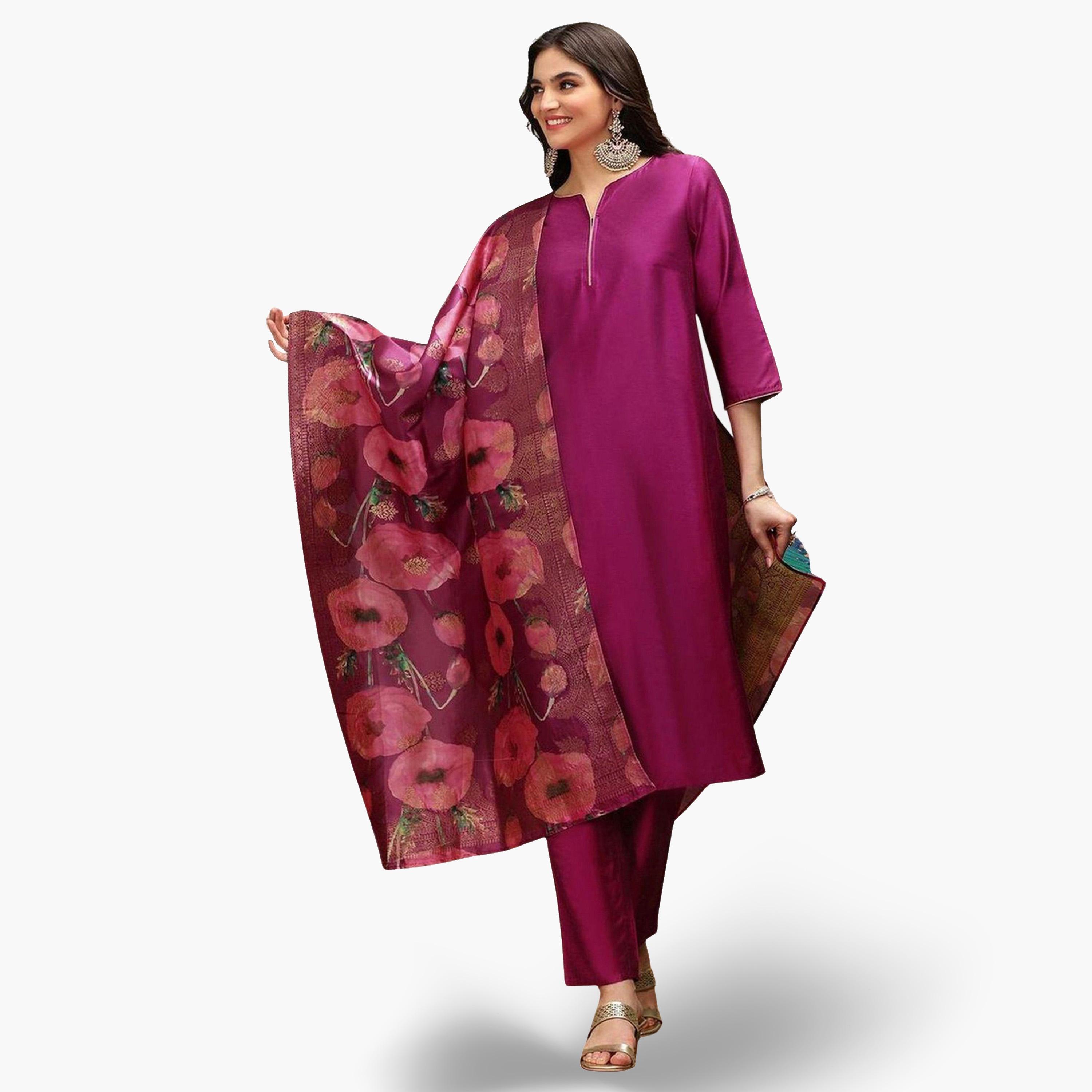 ايشين - قميص كورتا طويل لون بنفسجي بوليستر فيسكوز مع بنطال وشال-women-clothing-ethnicwear-kurtasets-image-1