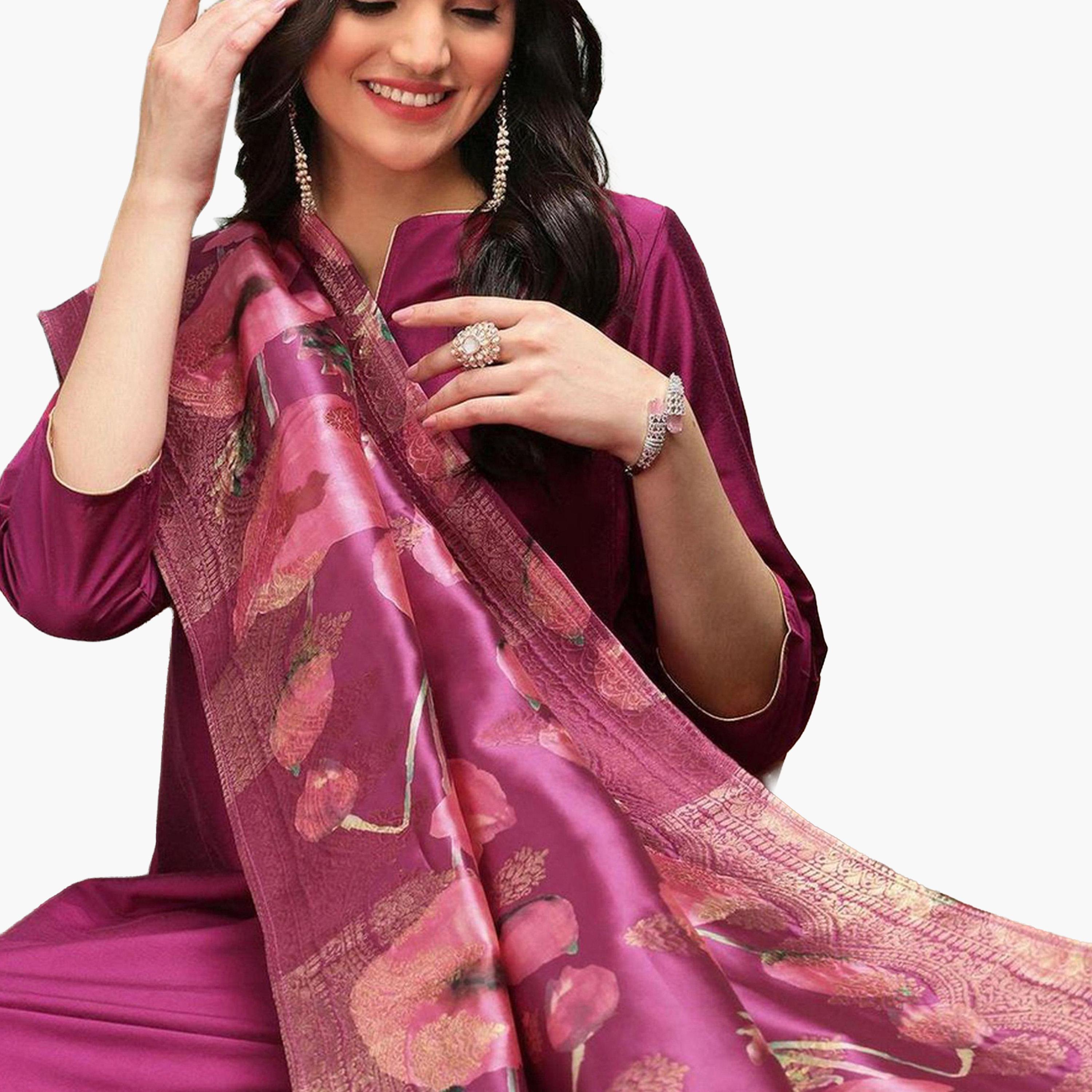 ايشين - قميص كورتا طويل لون بنفسجي بوليستر فيسكوز مع بنطال وشال-women-clothing-ethnicwear-kurtasets-image-3
