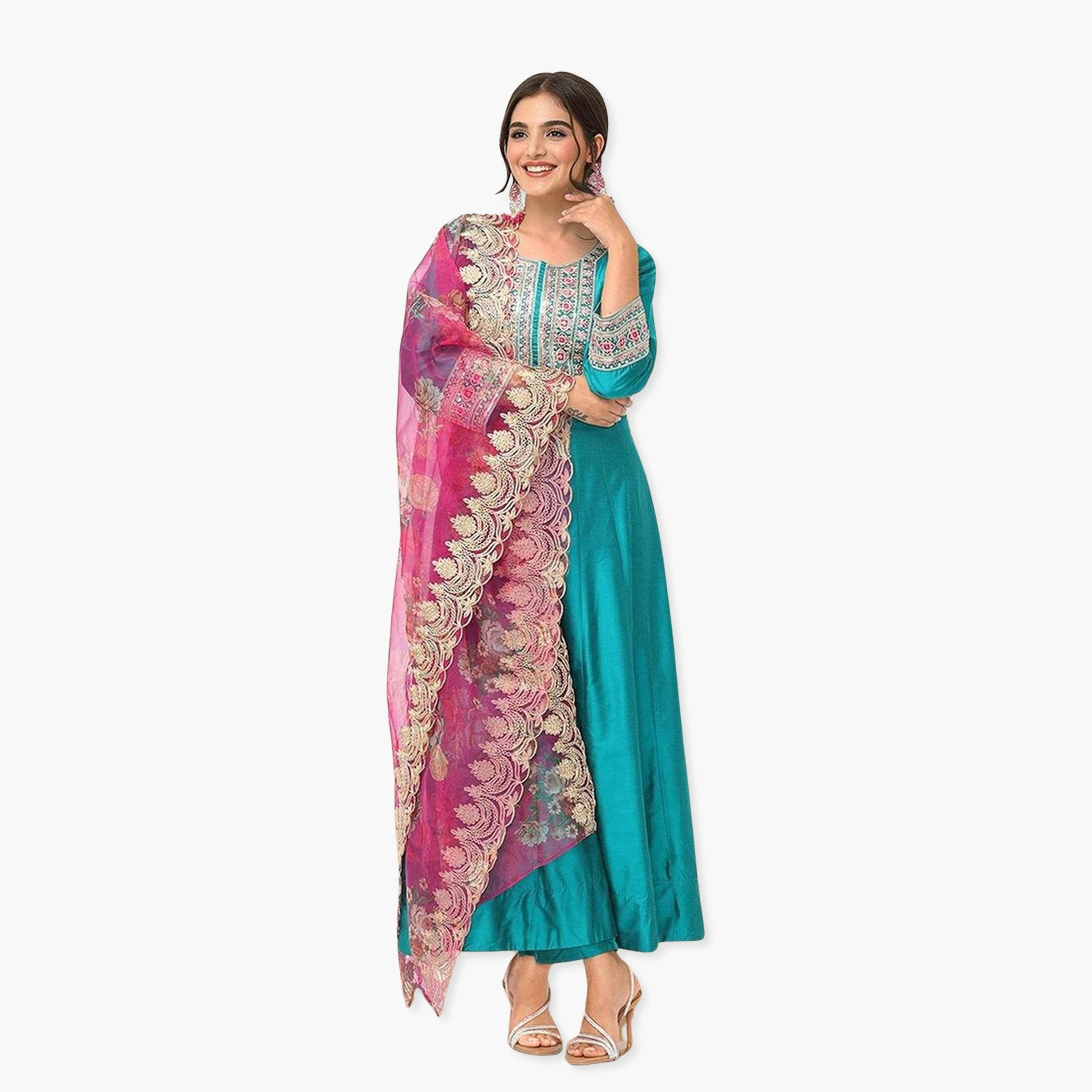 طقم كورتا مطرزة وبنطال مع دوباتا-women-clothing-ethnicwear-kurtasets-image-1