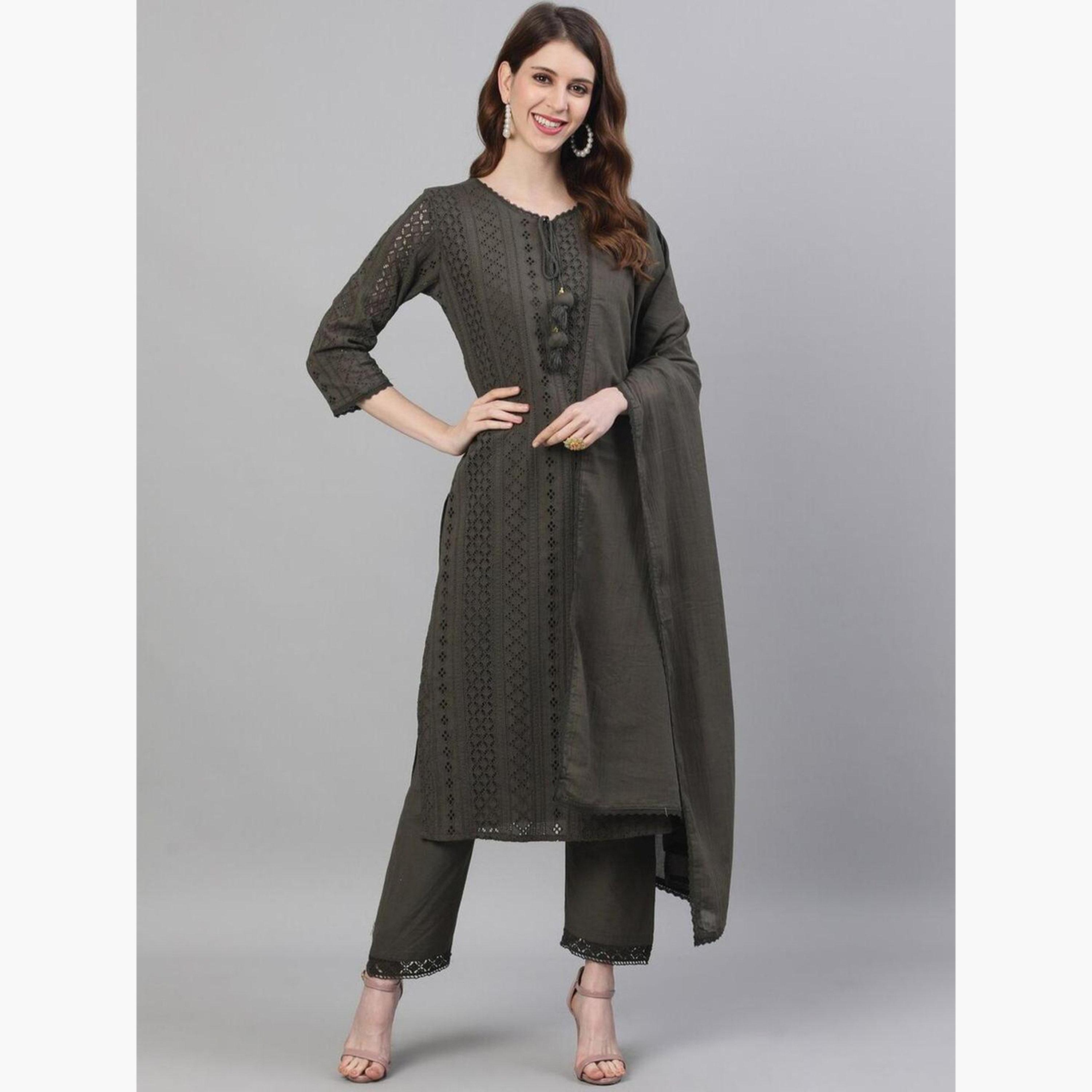 ايشين - كورتا (قميص طويل) مع بنطال ووشاح باللون الأخضر الزيتوني-women-clothing-ethnicwear-kurtasets-image-1