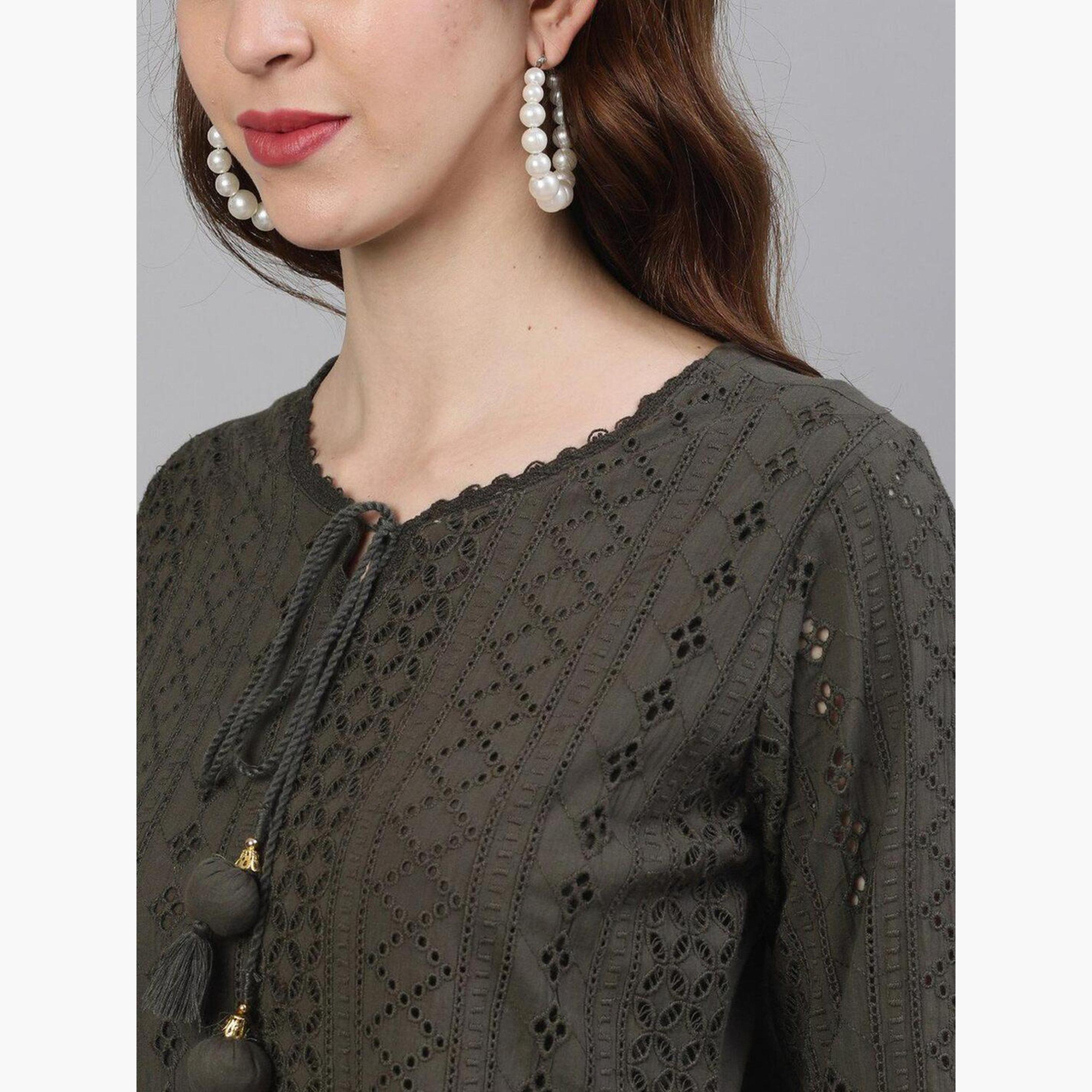 ايشين - كورتا (قميص طويل) مع بنطال ووشاح باللون الأخضر الزيتوني-women-clothing-ethnicwear-kurtasets-image-4
