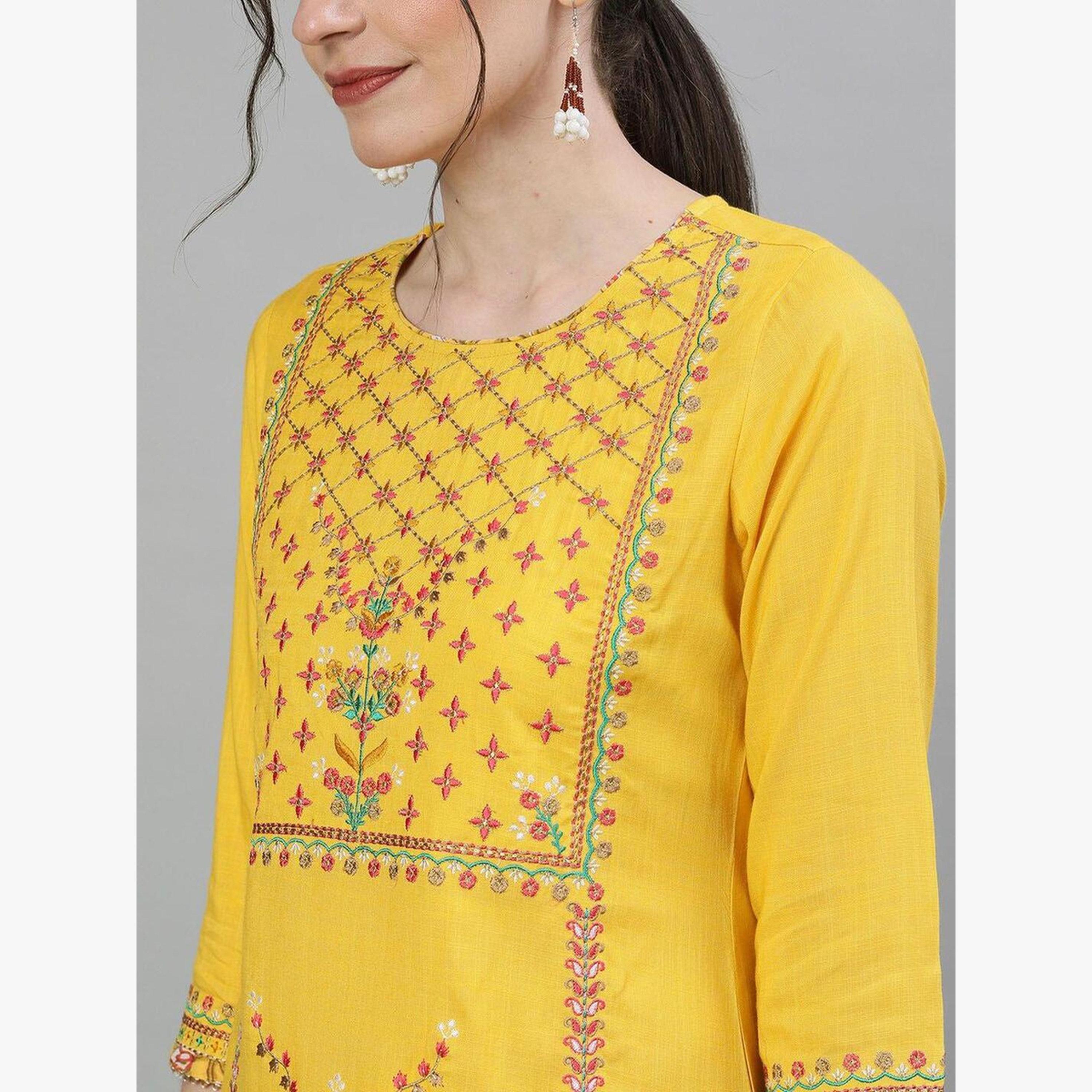 طقم كورتا مطرزة وتنورة مع دوباتا-women-clothing-ethnicwear-kurtasets-image-2