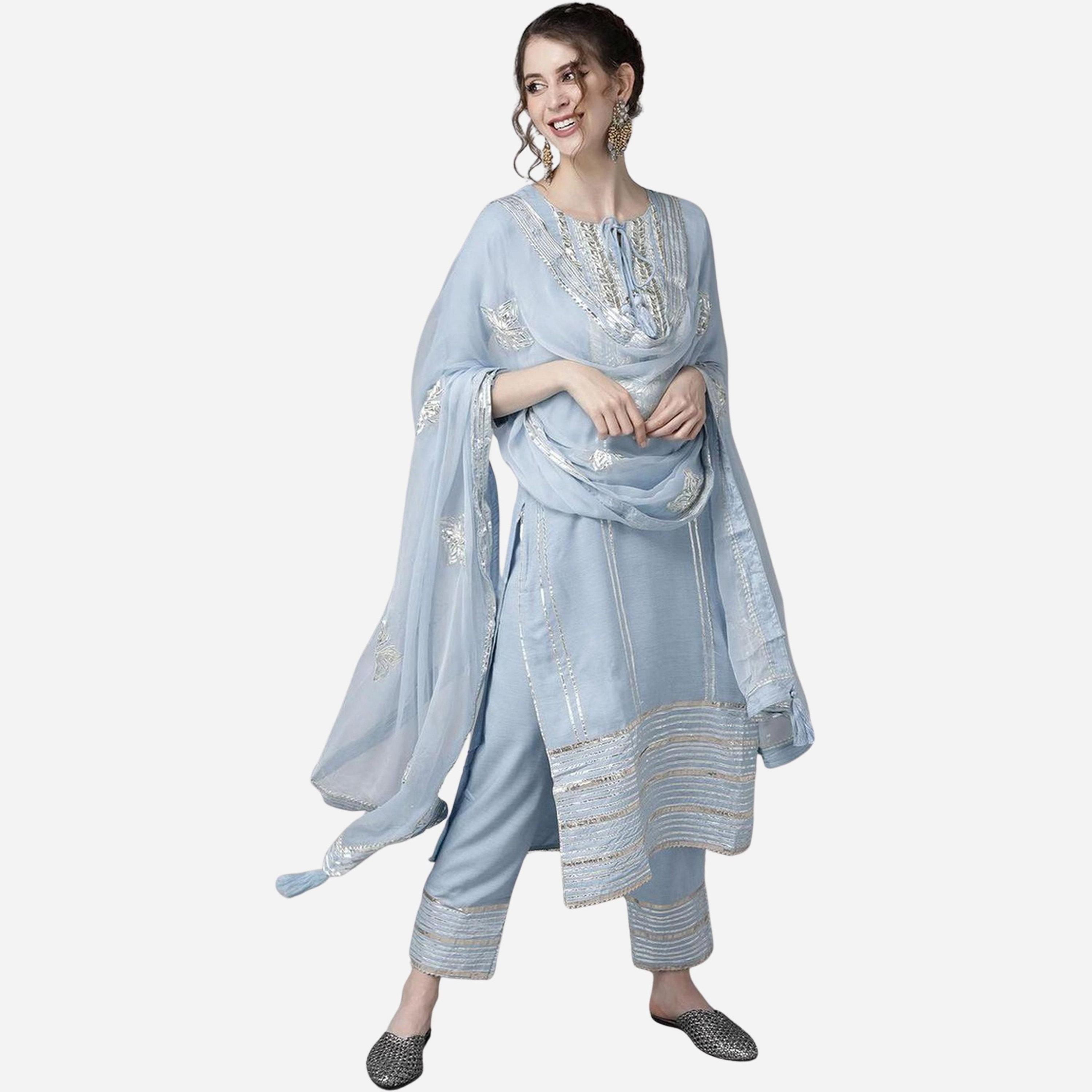 Ishin Women Blue Silver Pure Silk Kurta with Trousers and Dupatta Set-women-clothing-ethnicwear-kurtasets-image-1