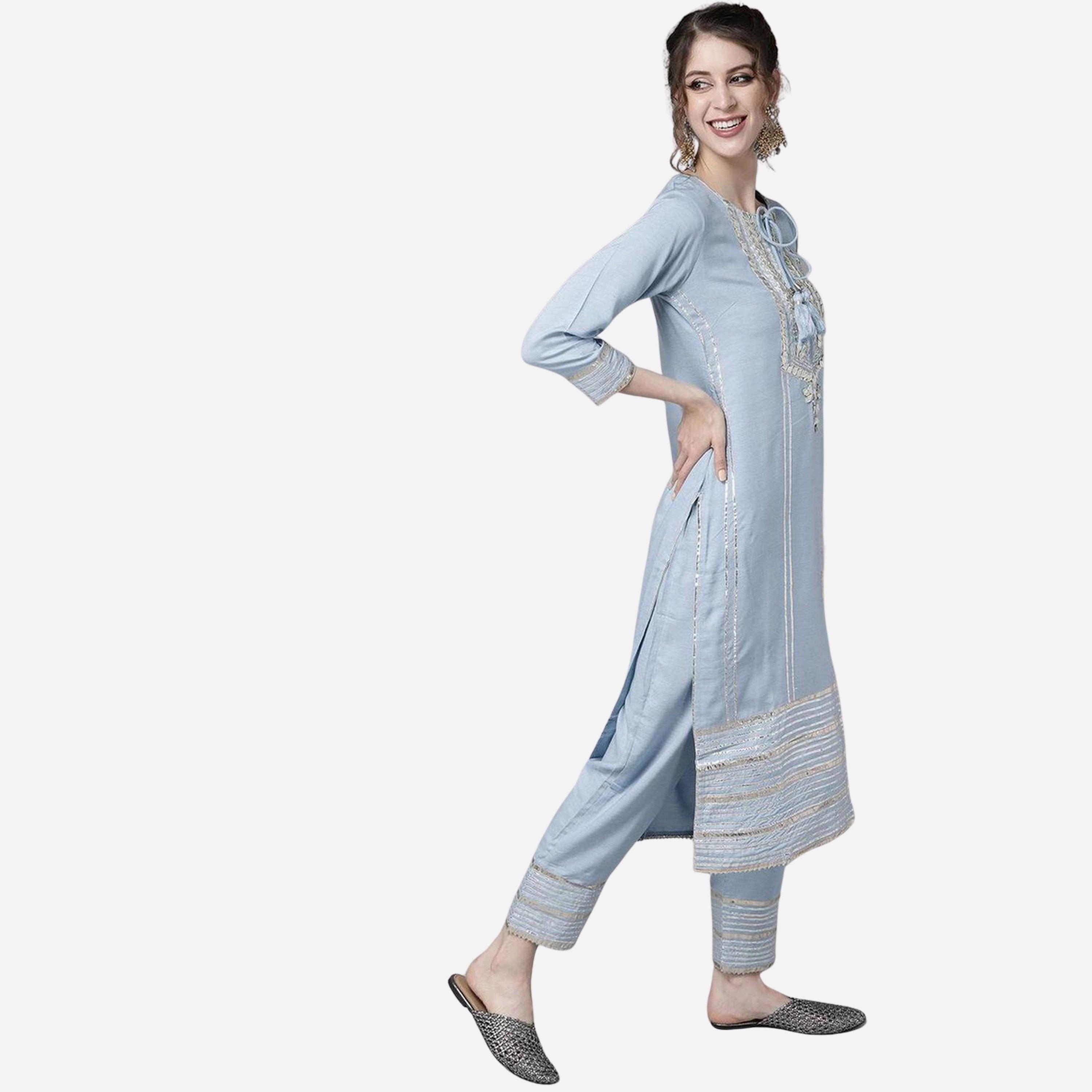 Ishin Women Blue Silver Pure Silk Kurta with Trousers and Dupatta Set-women-clothing-ethnicwear-kurtasets-image-2
