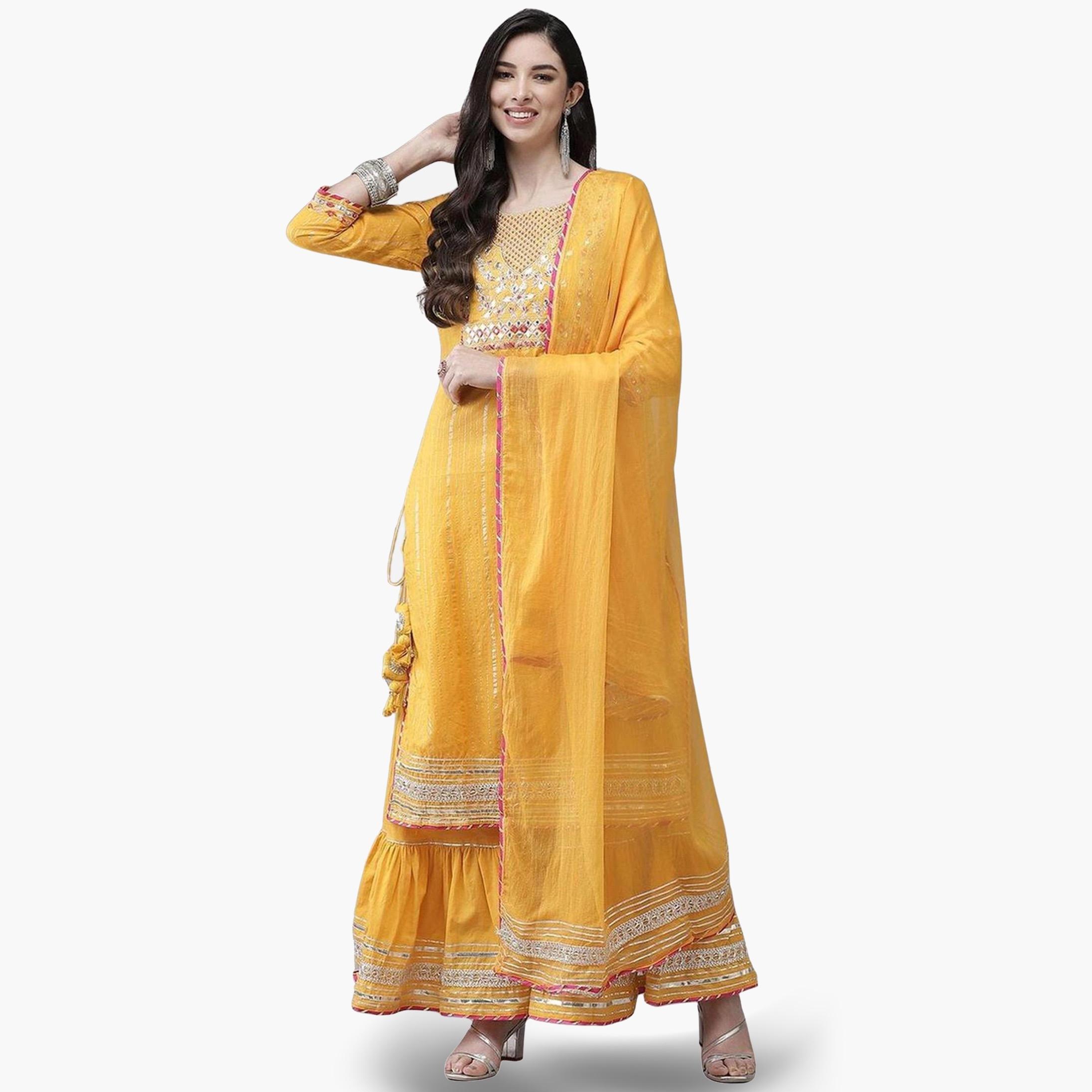 Ishin Women Mustard Yellow Embroidered Kurta with Sharara and Dupatta Set-women-clothing-ethnicwear-kurtasets-image-1