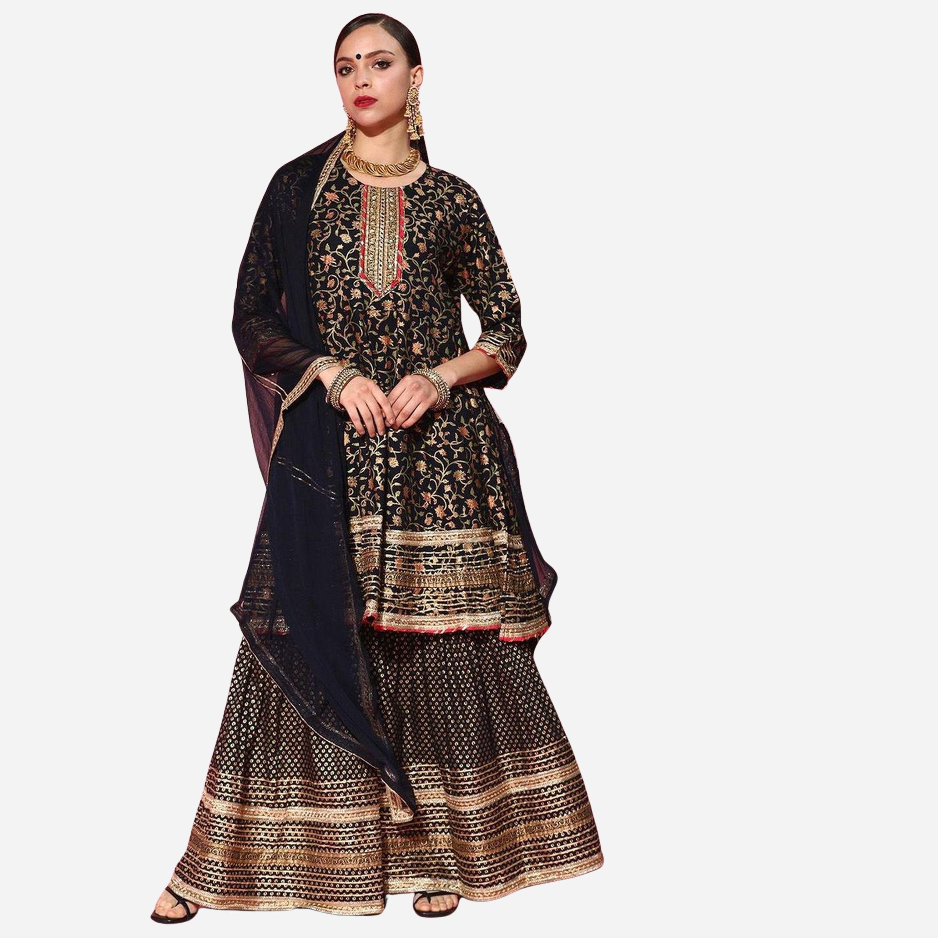 Ishin Women Navy Blue Floral Embroidered Pure Rayon Kurta with Sharara and Dupatta Set-women-clothing-ethnicwear-kurtasets-image-1