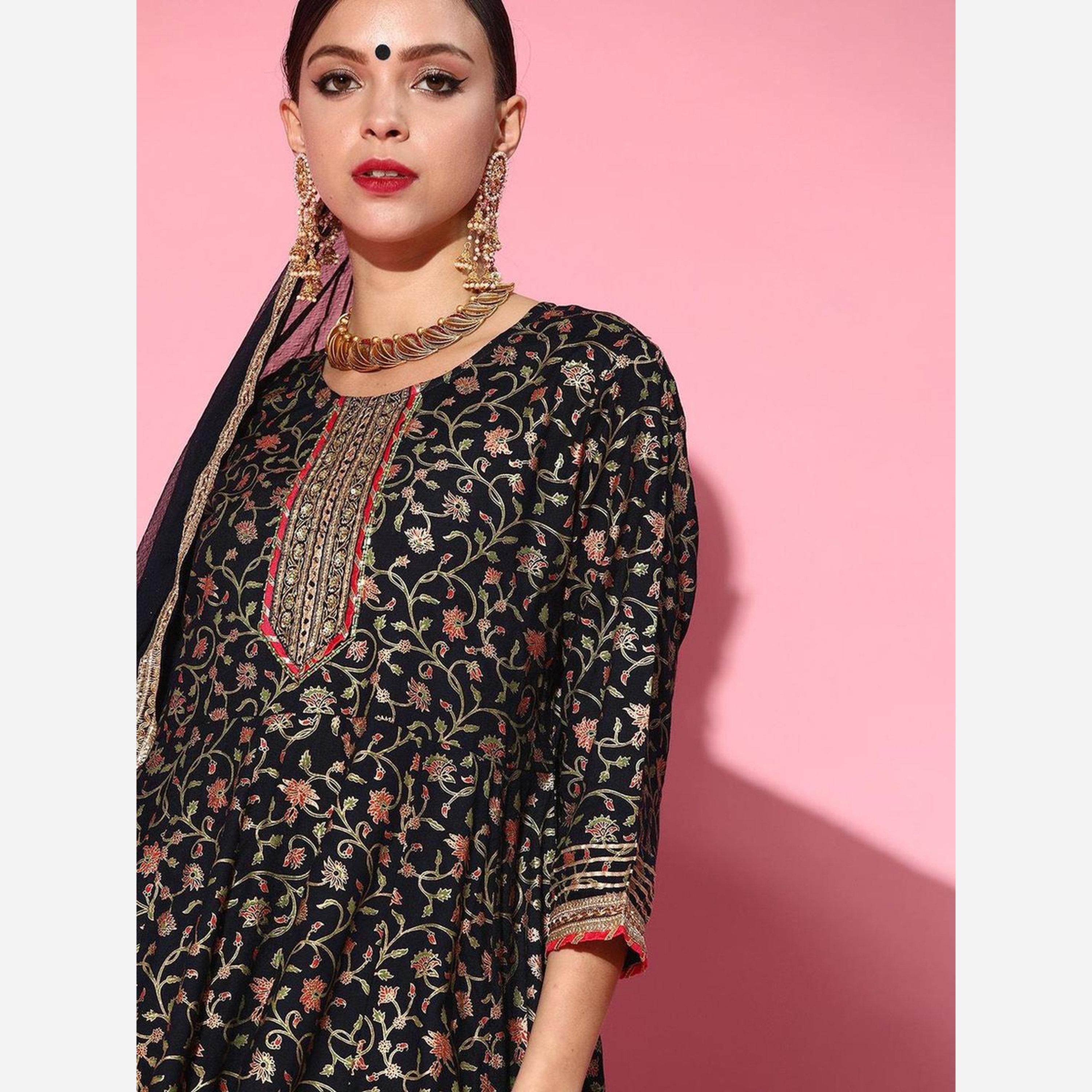 Ishin Women Navy Blue Floral Embroidered Pure Rayon Kurta with Sharara and Dupatta Set-women-clothing-ethnicwear-kurtasets-image-2