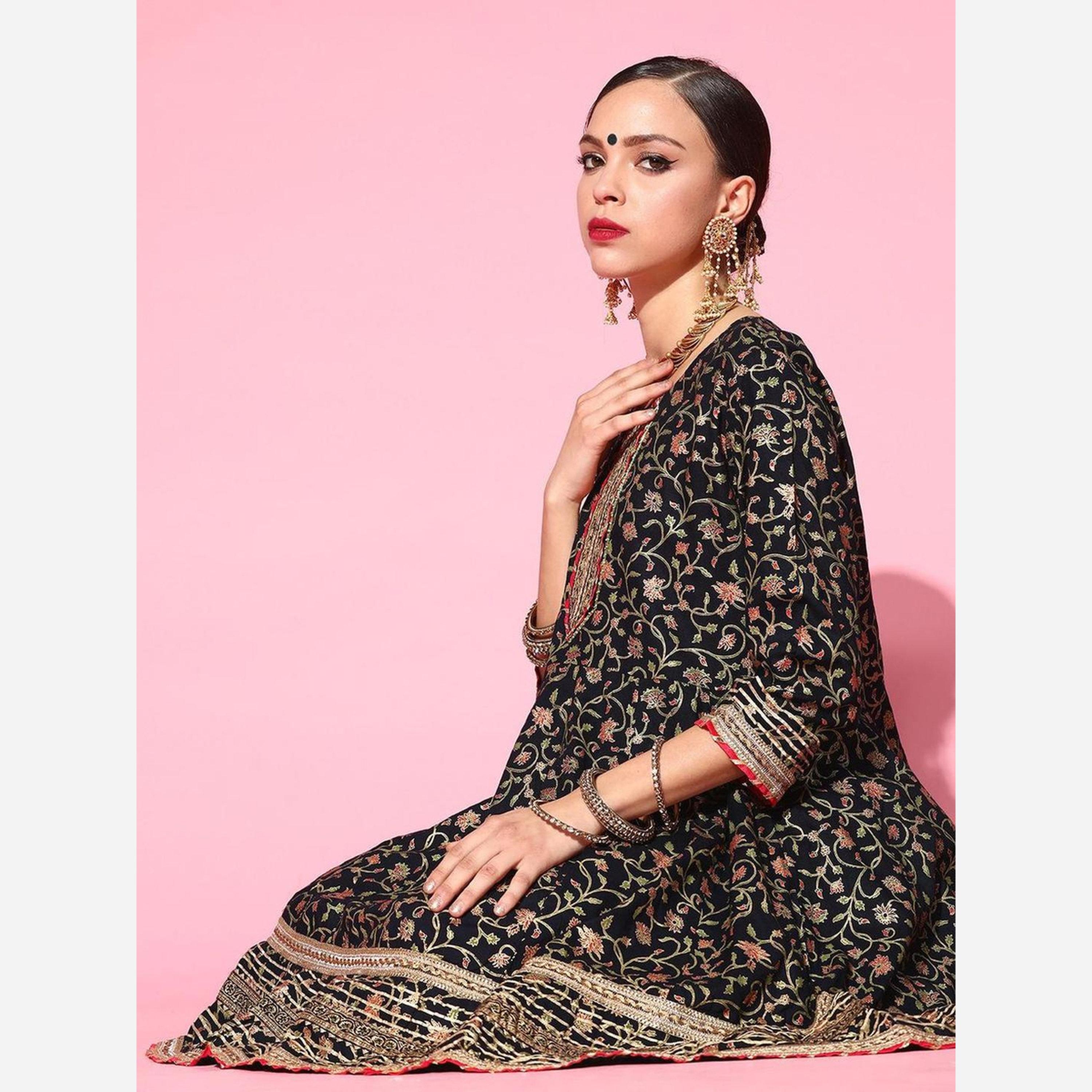 Ishin Women Navy Blue Floral Embroidered Pure Rayon Kurta with Sharara and Dupatta Set-women-clothing-ethnicwear-kurtasets-image-4
