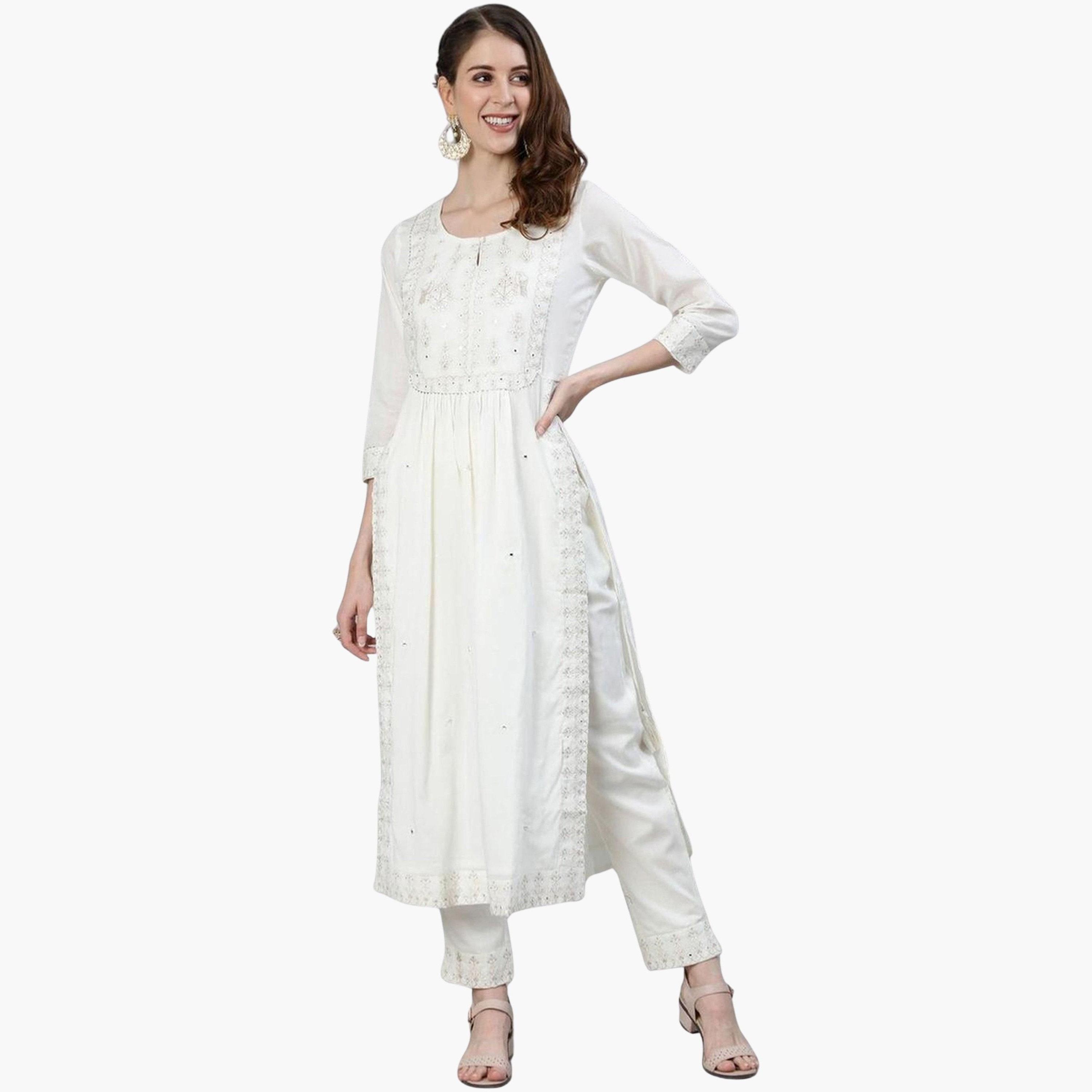 Ishin Women Off White Ethnic Motifs Embroidered Pure Cotton Kurta with Trousers Set-women-clothing-ethnicwear-kurtasets-image-1