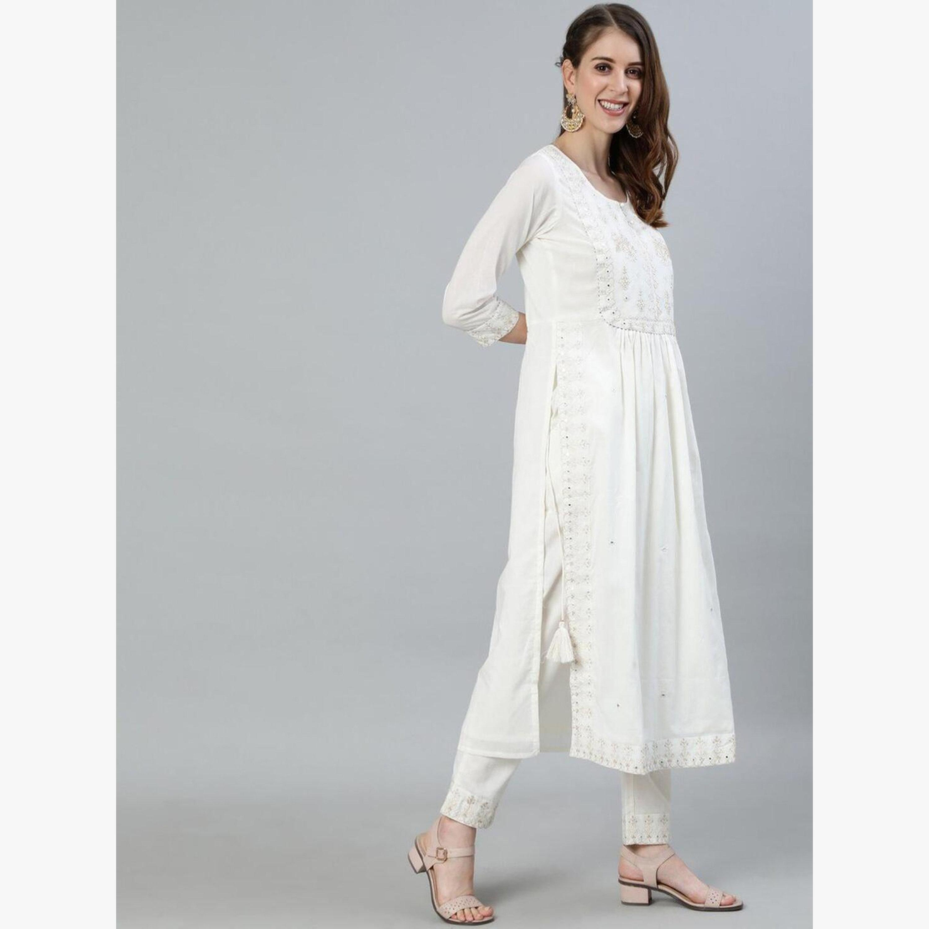 طقم كورتا مطرزة بنقوش عرقية قطن خالص وبنطال-women-clothing-ethnicwear-kurtasets-image-2