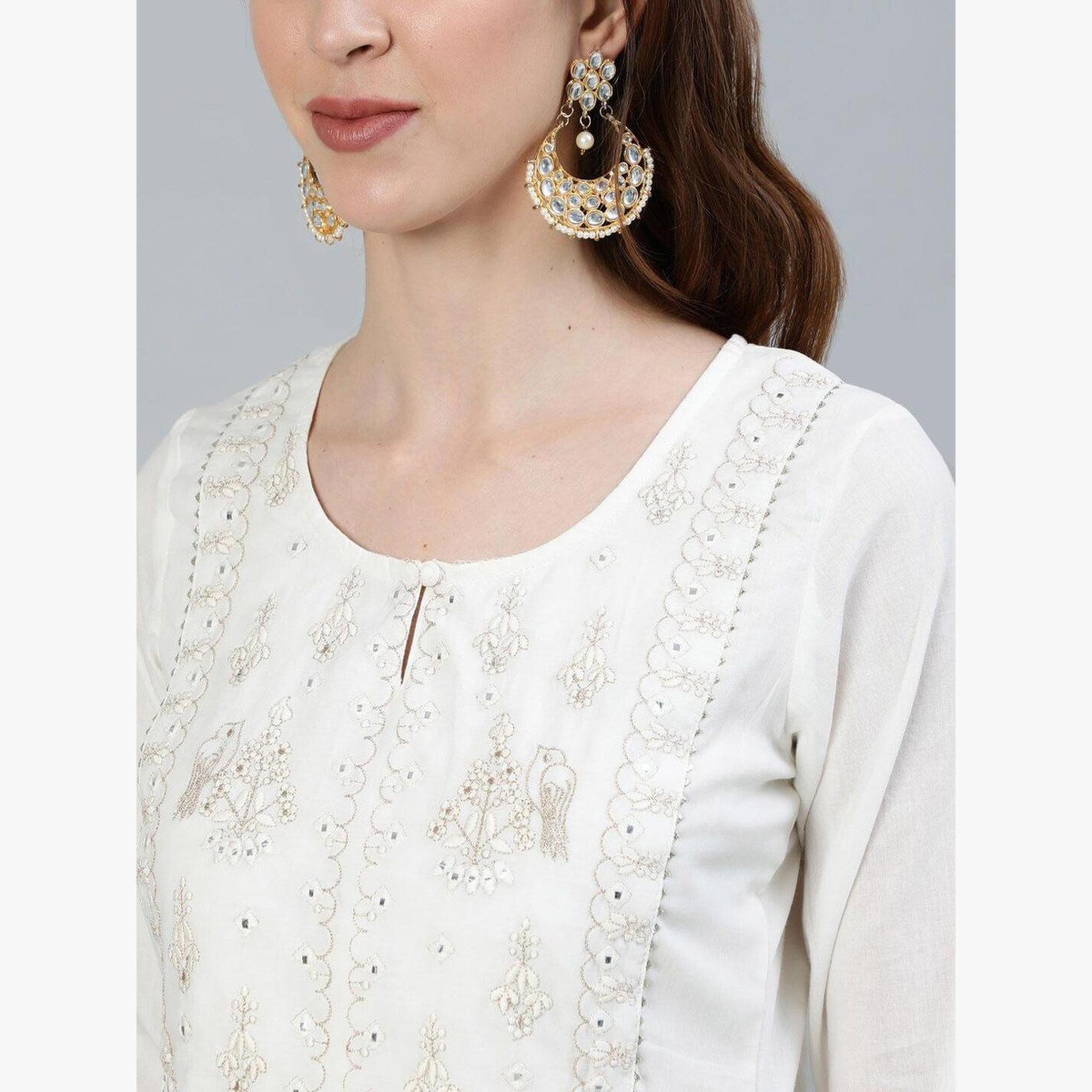 Ishin Women Off White Ethnic Motifs Embroidered Pure Cotton Kurta with Trousers Set-women-clothing-ethnicwear-kurtasets-image-3