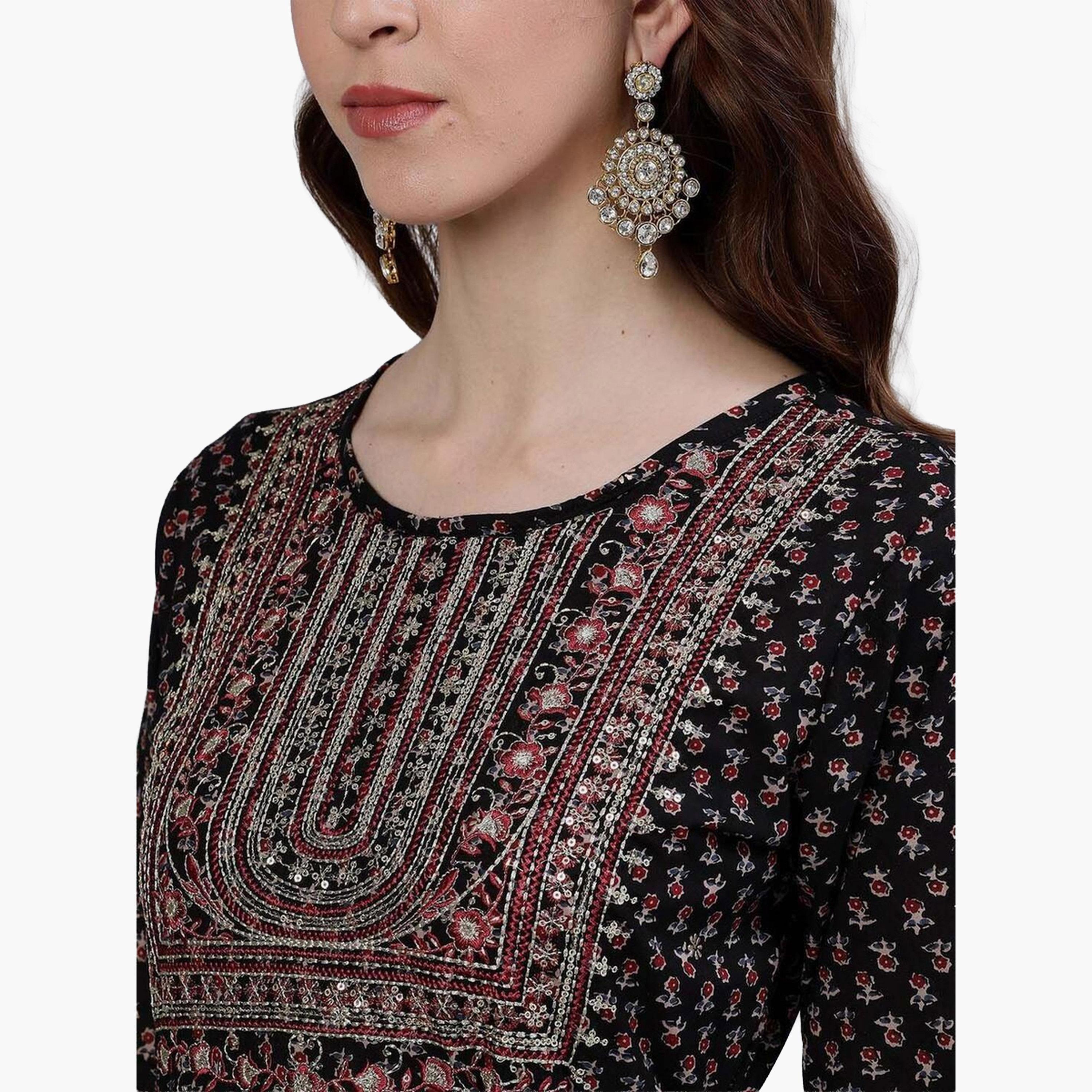 ايشين - قميص أناركالي لون أسود مطرز للنساء-women-clothing-ethnicwear-kurtas-image-4