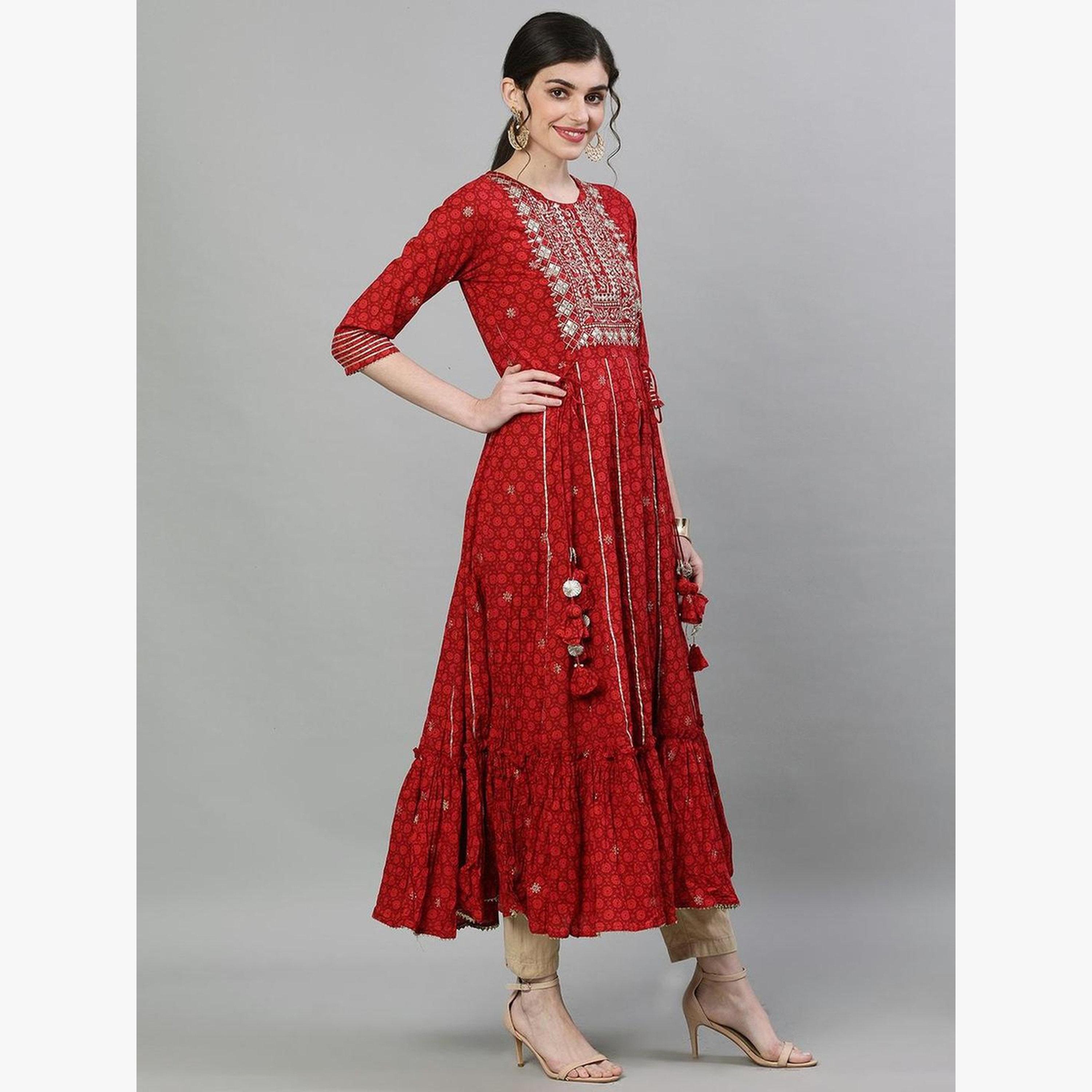 Ishin Women Red Embroidered Anarkali Kurta with Pants Set-women-clothing-ethnicwear-kurtasets-image-2