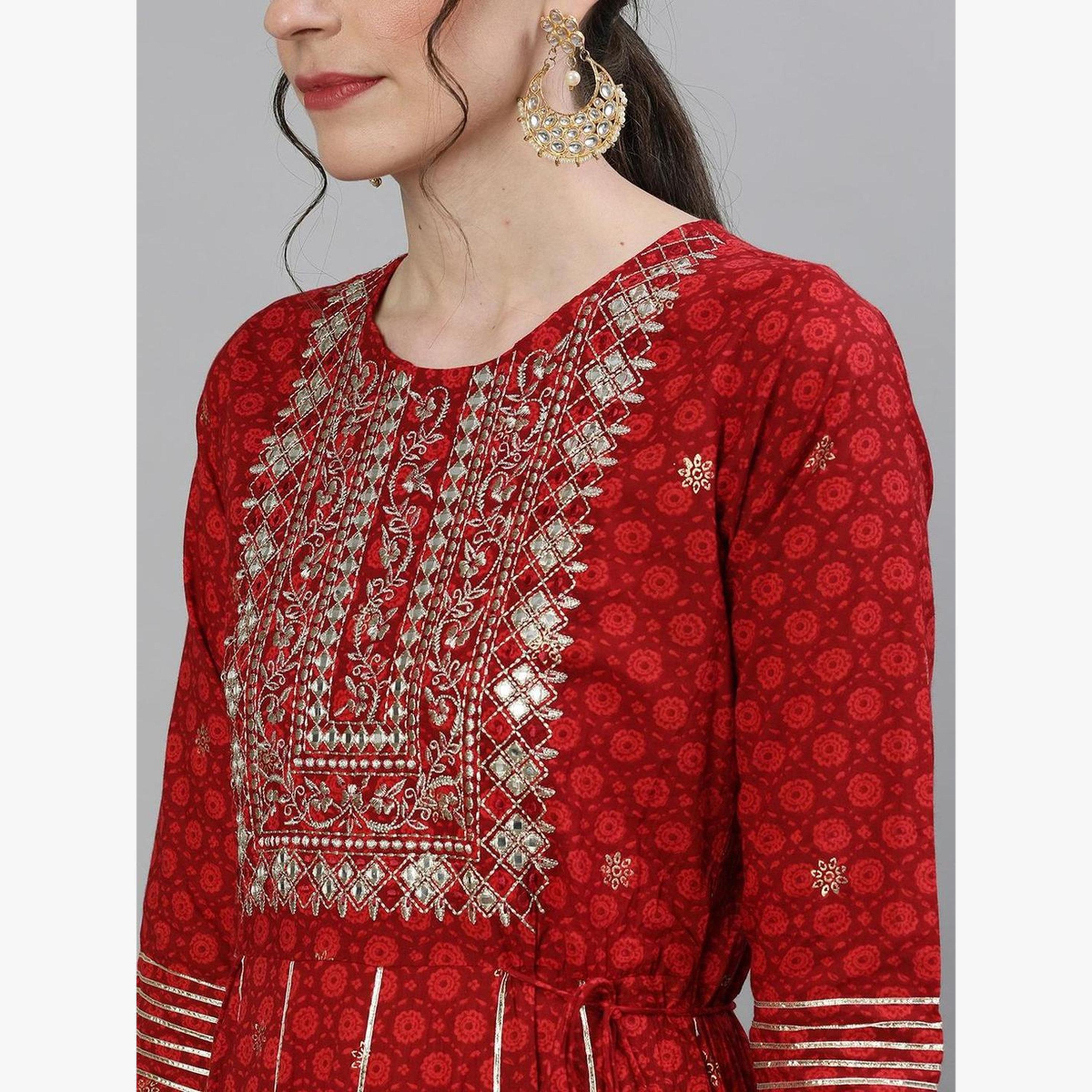 Ishin Women Red Embroidered Anarkali Kurta with Pants Set-women-clothing-ethnicwear-kurtasets-image-4