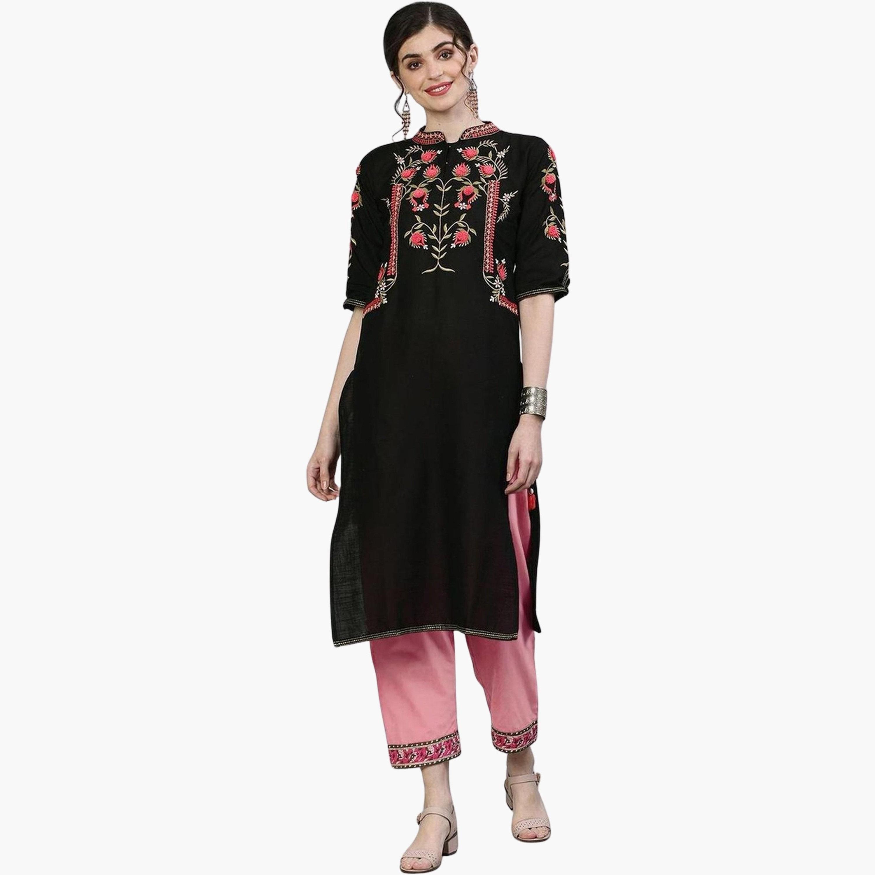 Ishin Women Black Embroidered Floral Kurta with Trousers Set-women-clothing-ethnicwear-kurtasets-image-1
