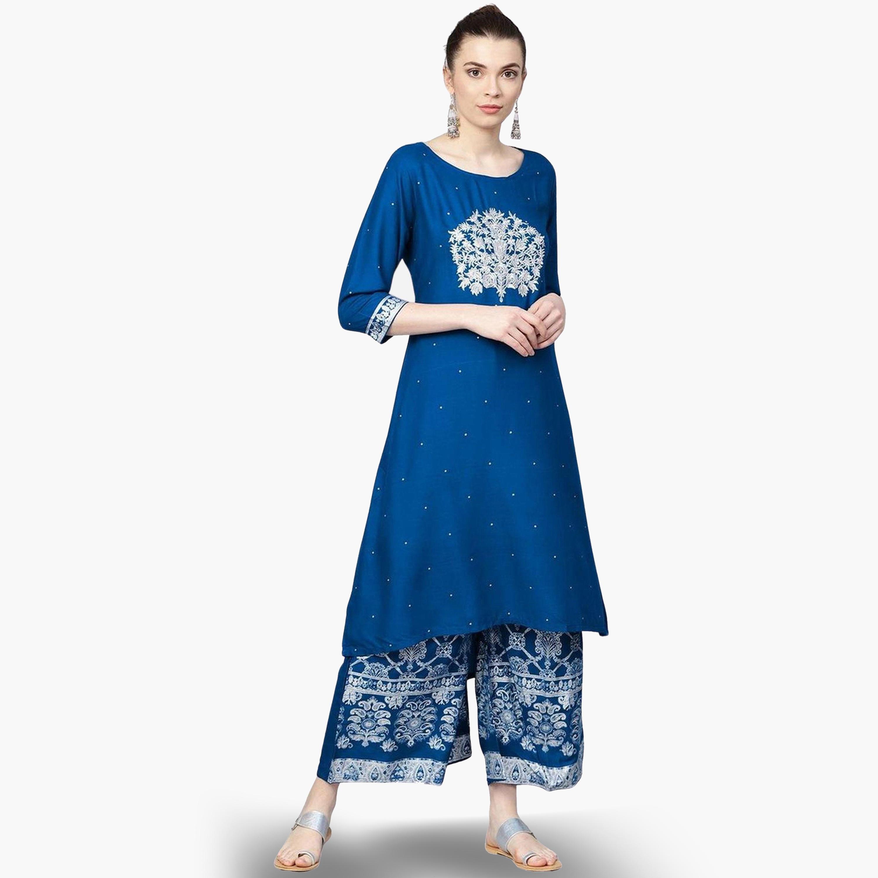 Ishin Women Blue Embroidered Kurta with Palazzo Set-women-clothing-ethnicwear-kurtasets-image-1