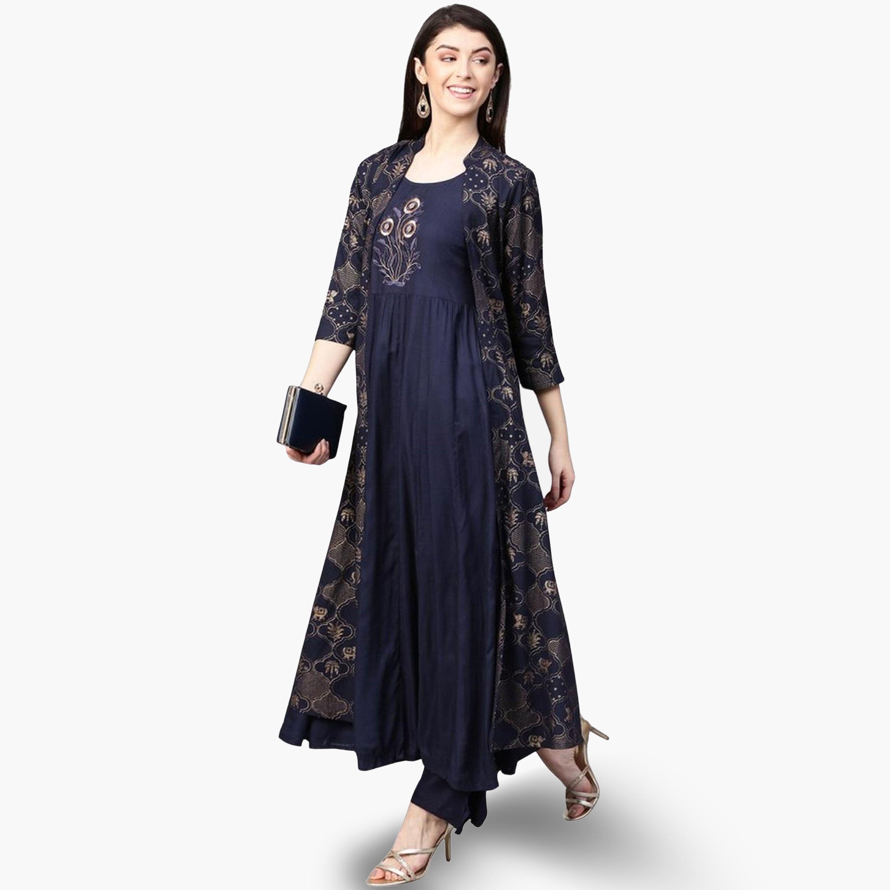 Ishin Women Dark Blue Printed Kurta with Palazzos and Jacket Set-women-clothing-ethnicwear-kurtasets-image-1