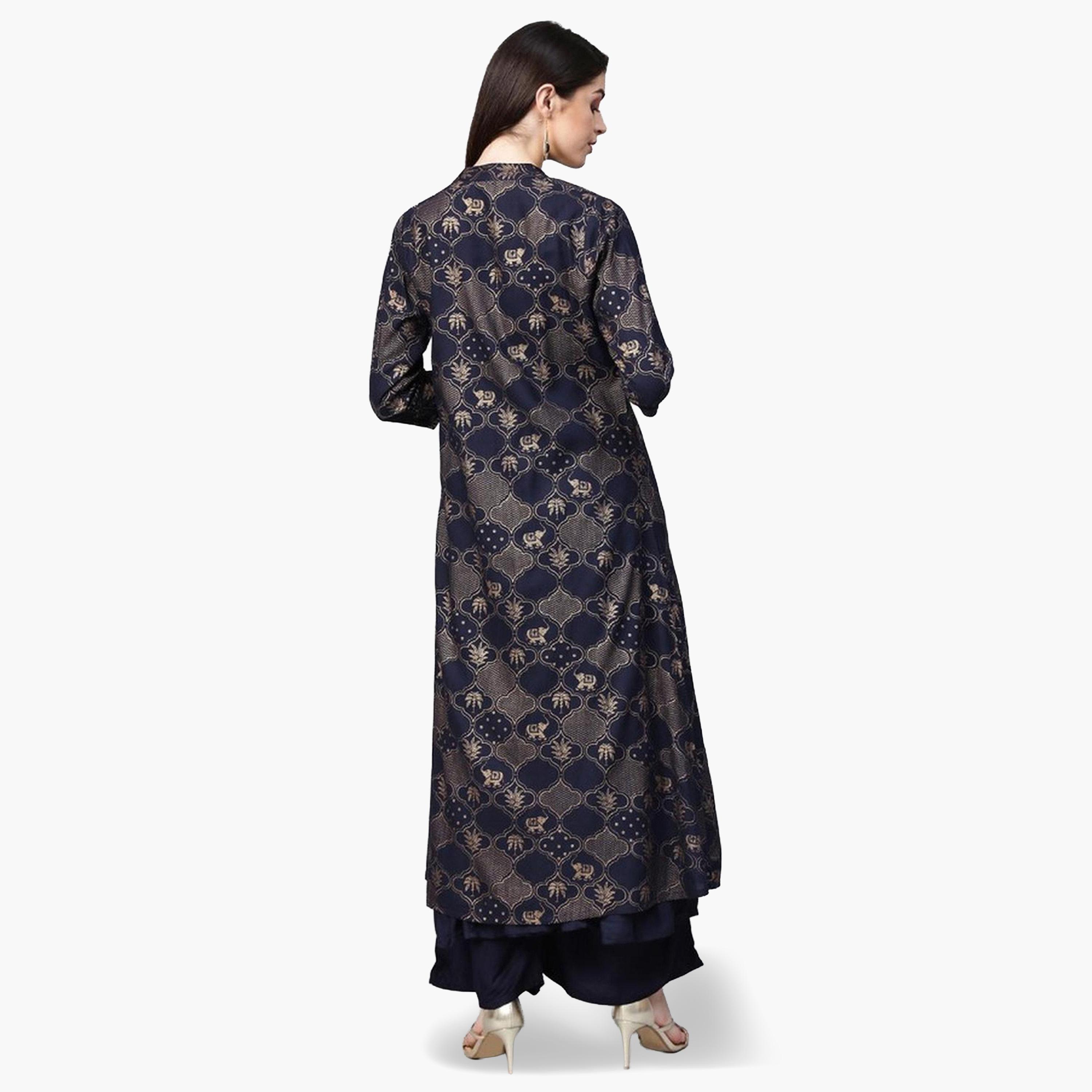 Ishin Women Dark Blue Printed Kurta with Palazzos and Jacket Set-women-clothing-ethnicwear-kurtasets-image-2