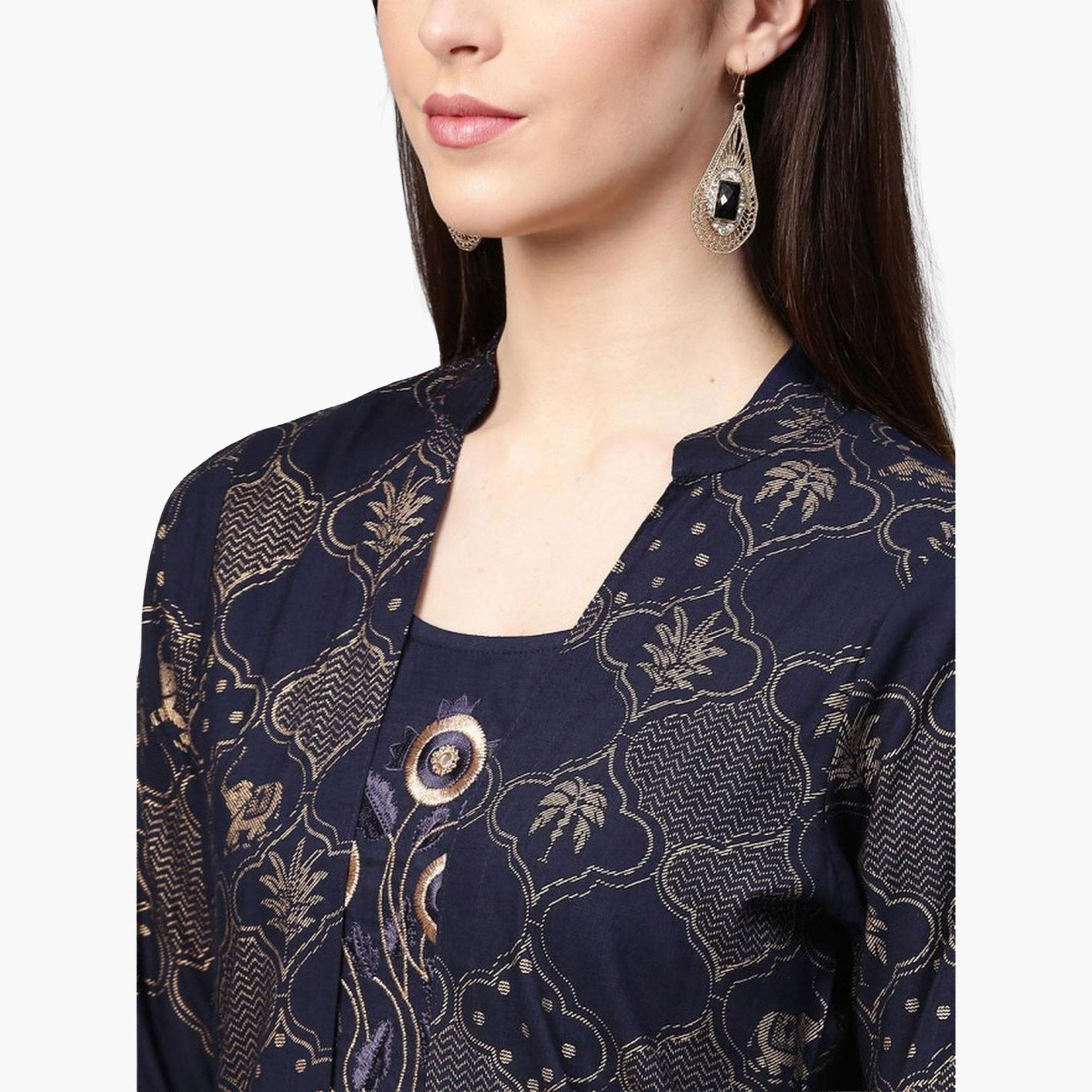 Ishin Women Dark Blue Printed Kurta with Palazzos and Jacket Set-women-clothing-ethnicwear-kurtasets-image-3