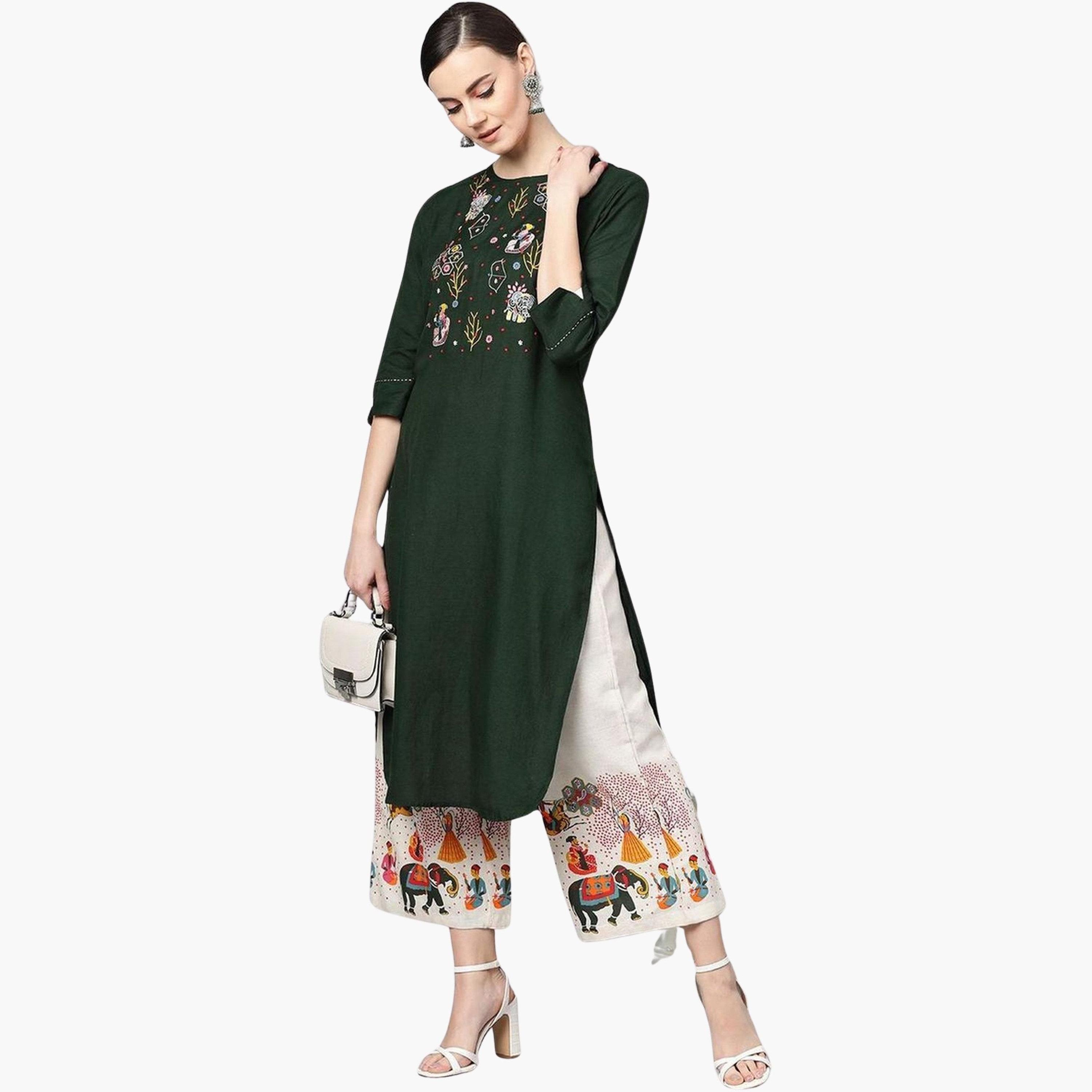 طقم كورتا بتصميم يوكي وبنطال بالازو بطبعة بلوك-women-clothing-ethnicwear-kurtasets-image-1