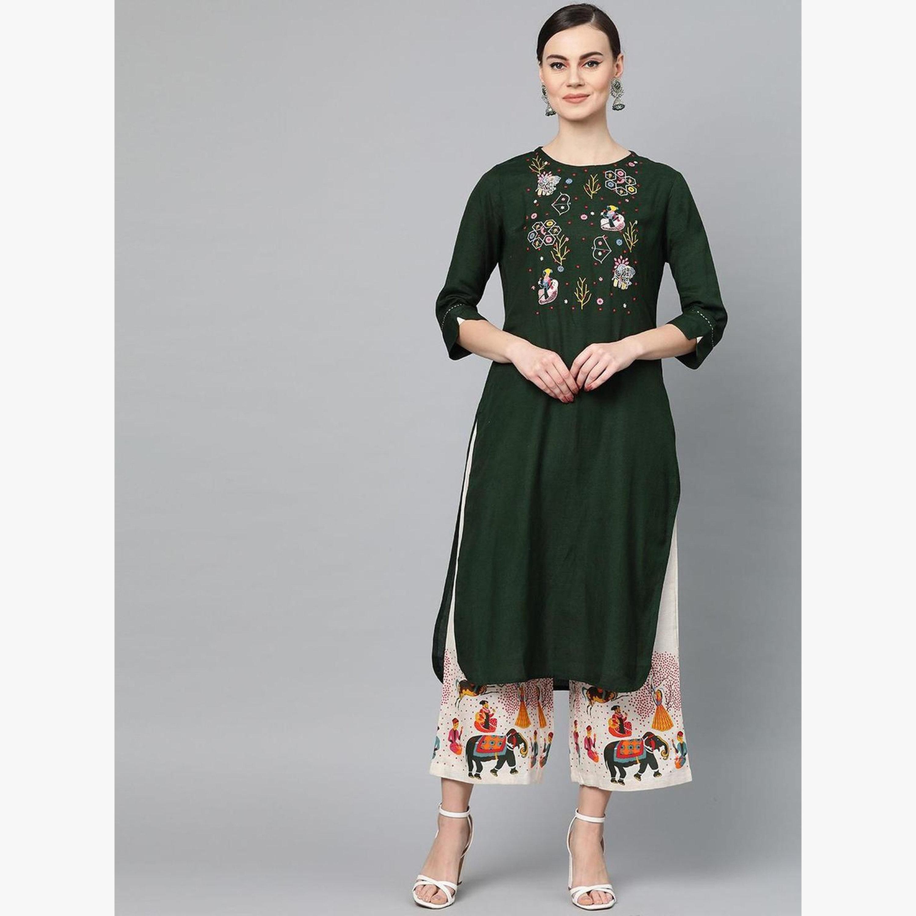 طقم كورتا بتصميم يوكي وبنطال بالازو بطبعة بلوك-women-clothing-ethnicwear-kurtasets-image-2