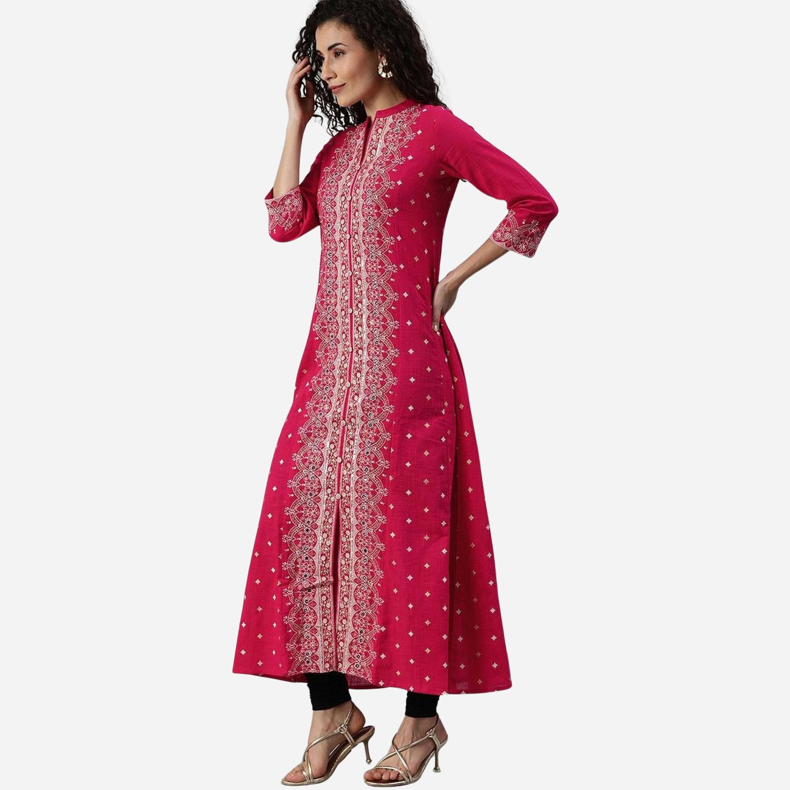 ايشين - قميص نسائي وردي بطبعة تصميم A مزين بتطريزات المرايا-women-clothing-ethnicwear-kurtas-image-1