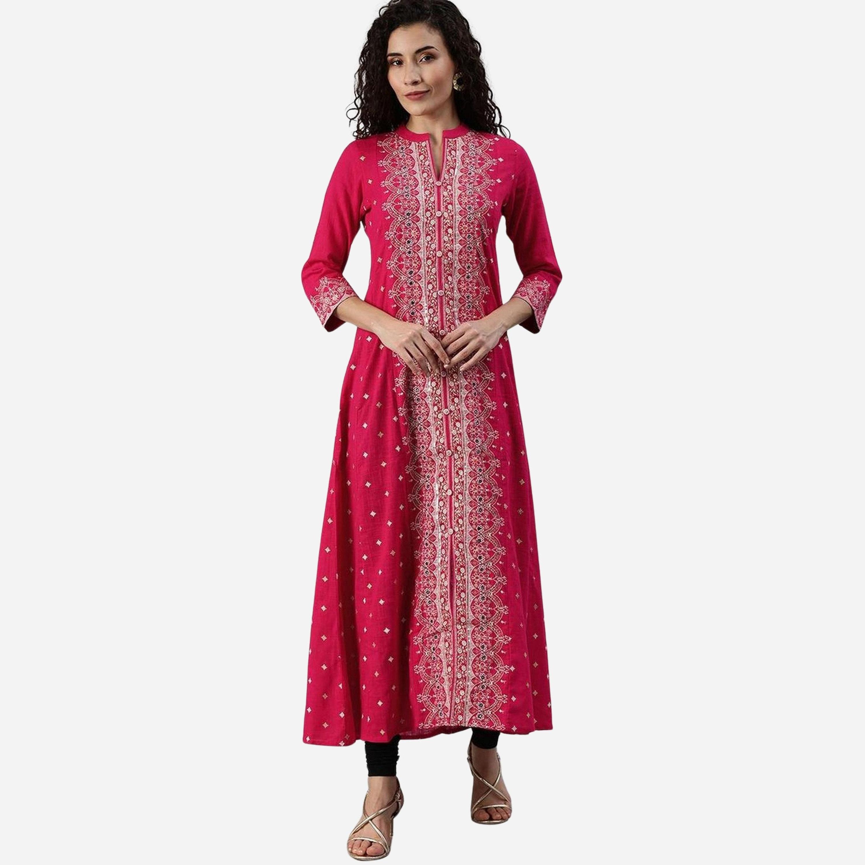 ايشين - قميص نسائي وردي بطبعة تصميم A مزين بتطريزات المرايا-women-clothing-ethnicwear-kurtas-image-2
