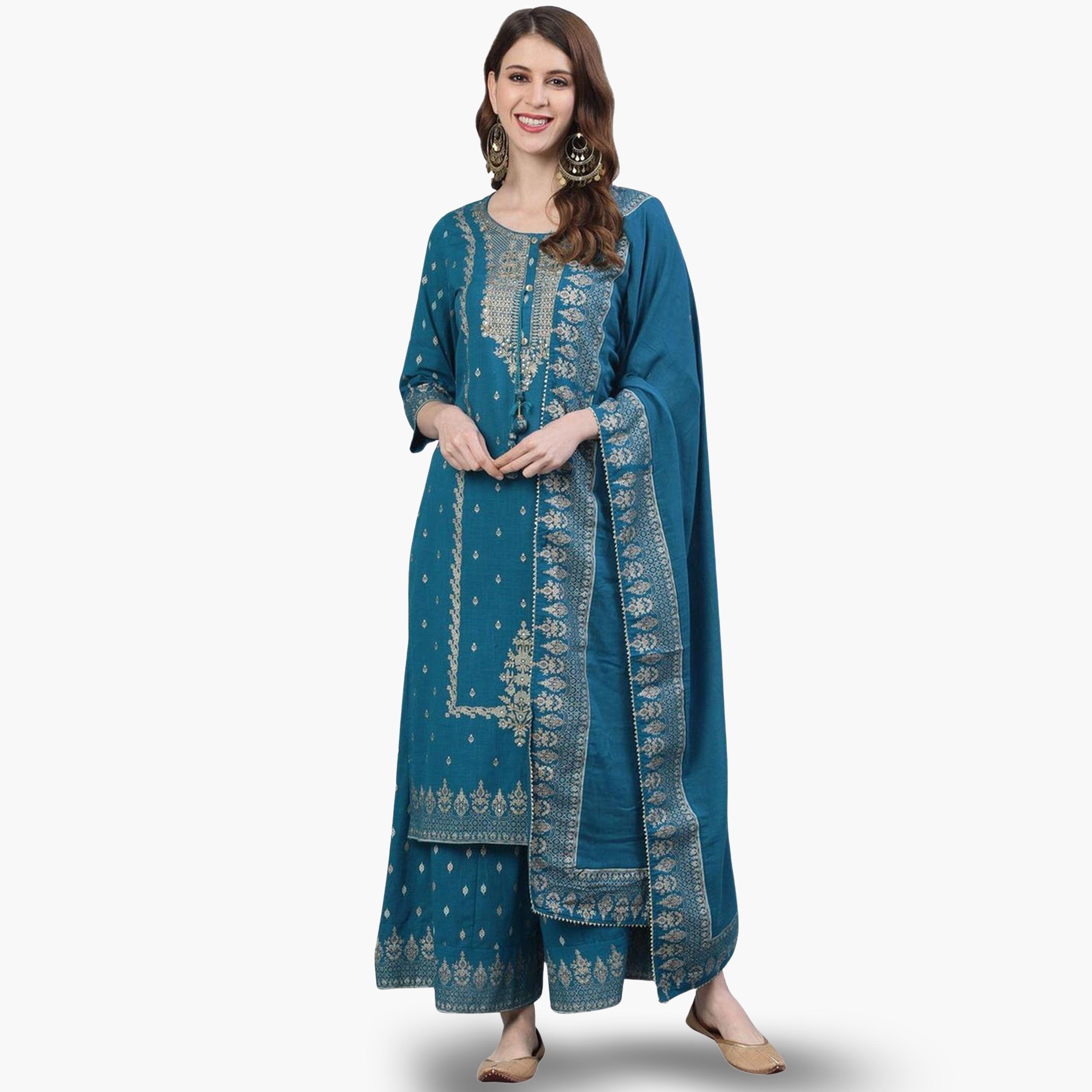 Ishin Women Teal Blue Embroidered Kurta with Sharara and Dupatta Set-women-clothing-ethnicwear-kurtasets-image-1