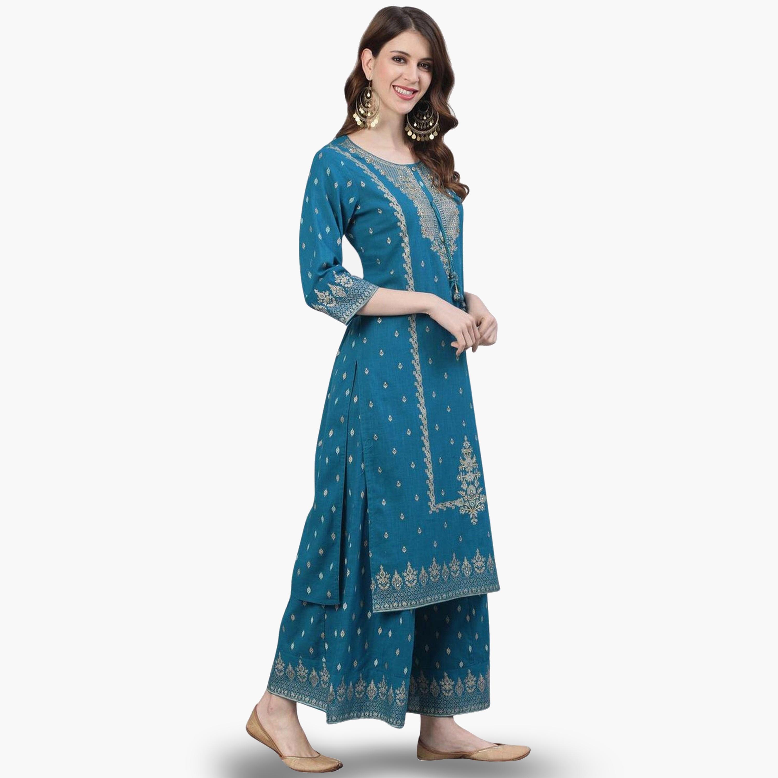 Ishin Women Teal Blue Embroidered Kurta with Sharara and Dupatta Set-women-clothing-ethnicwear-kurtasets-image-2