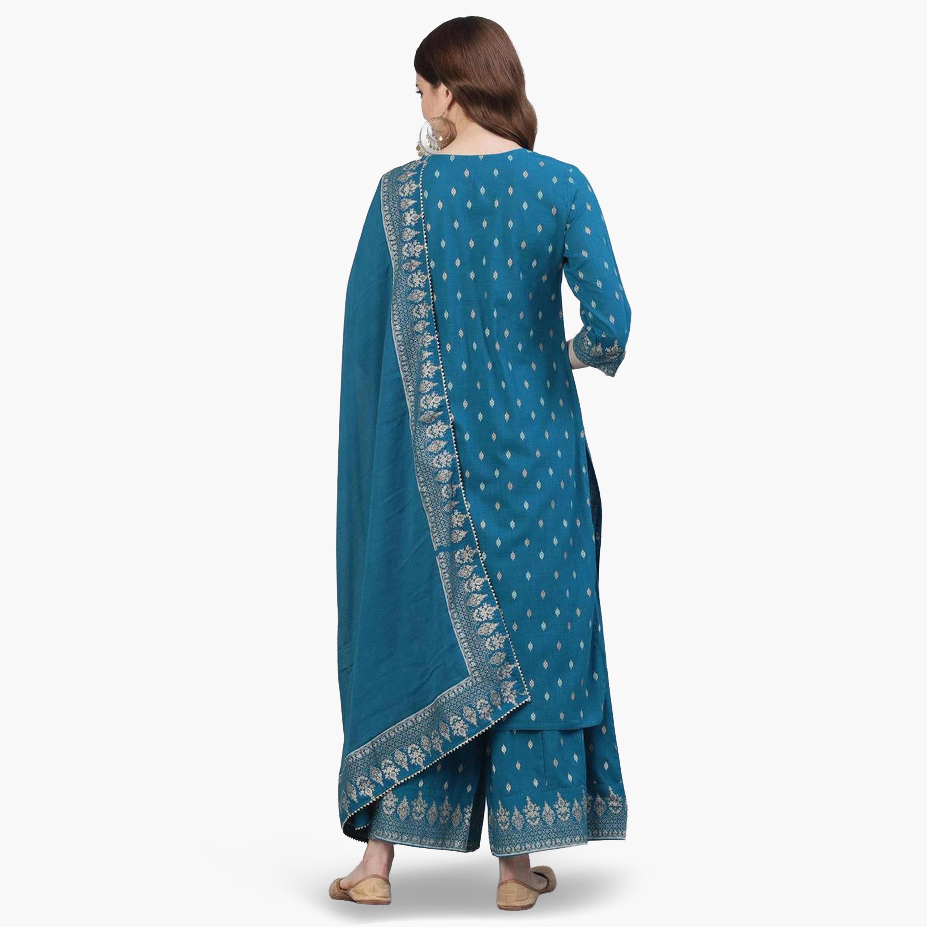 Ishin Women Teal Blue Embroidered Kurta with Sharara and Dupatta Set-women-clothing-ethnicwear-kurtasets-image-3