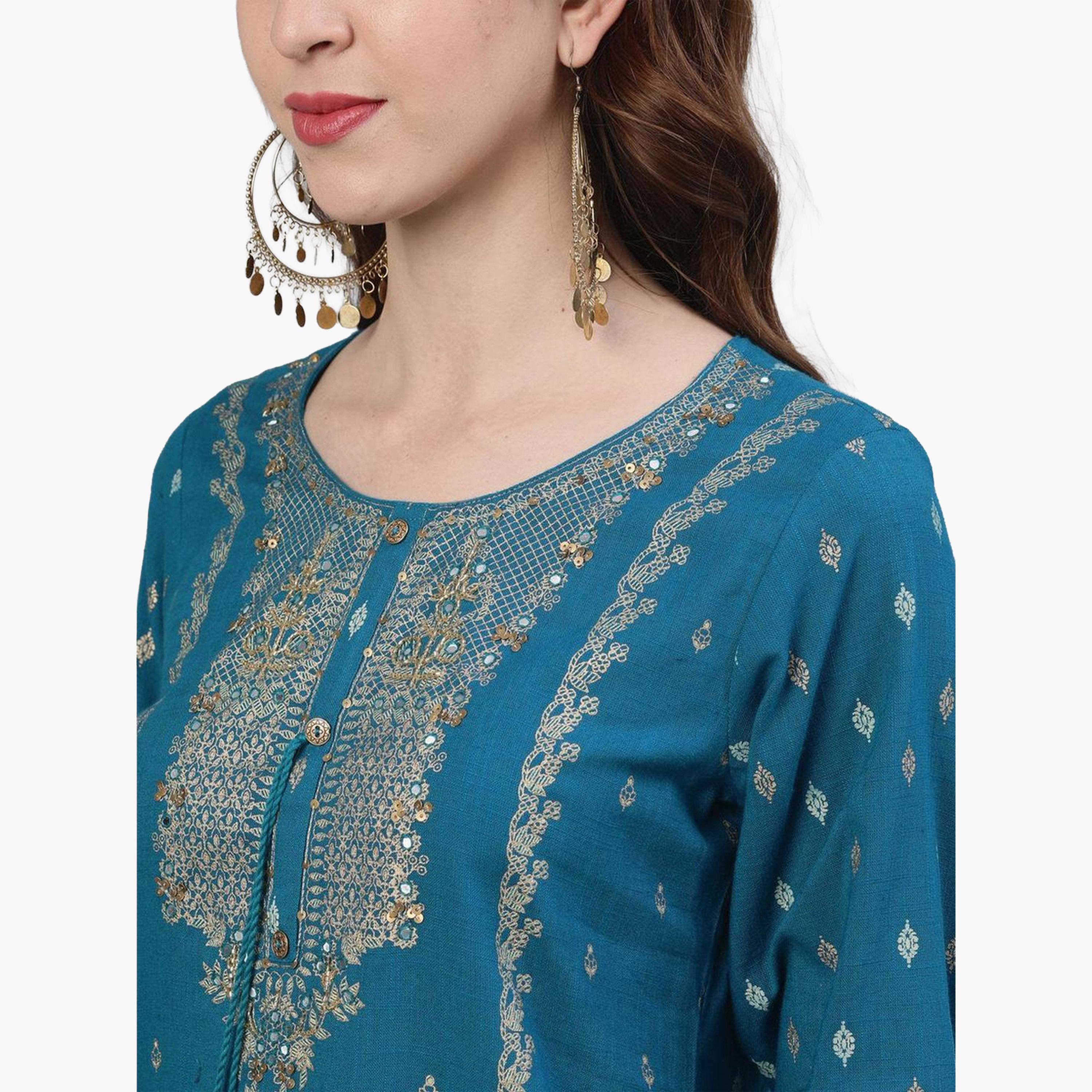 Ishin Women Teal Blue Embroidered Kurta with Sharara and Dupatta Set-women-clothing-ethnicwear-kurtasets-image-5