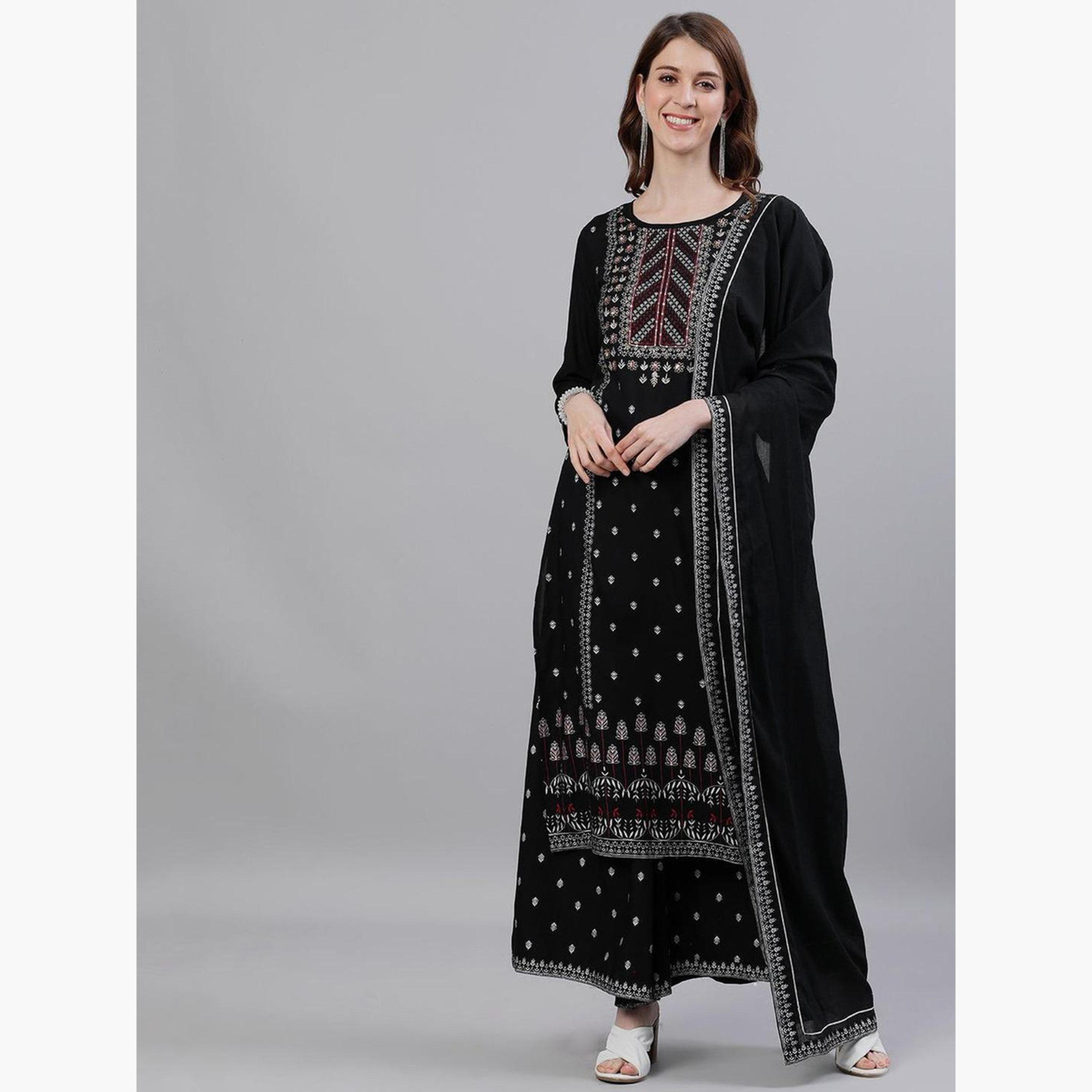 ايشين - كورتا (قميص طويل) مطرز باللون الأسود مع بنطال بالازو ووشاح دوباتا-women-clothing-ethnicwear-kurtasets-image-2