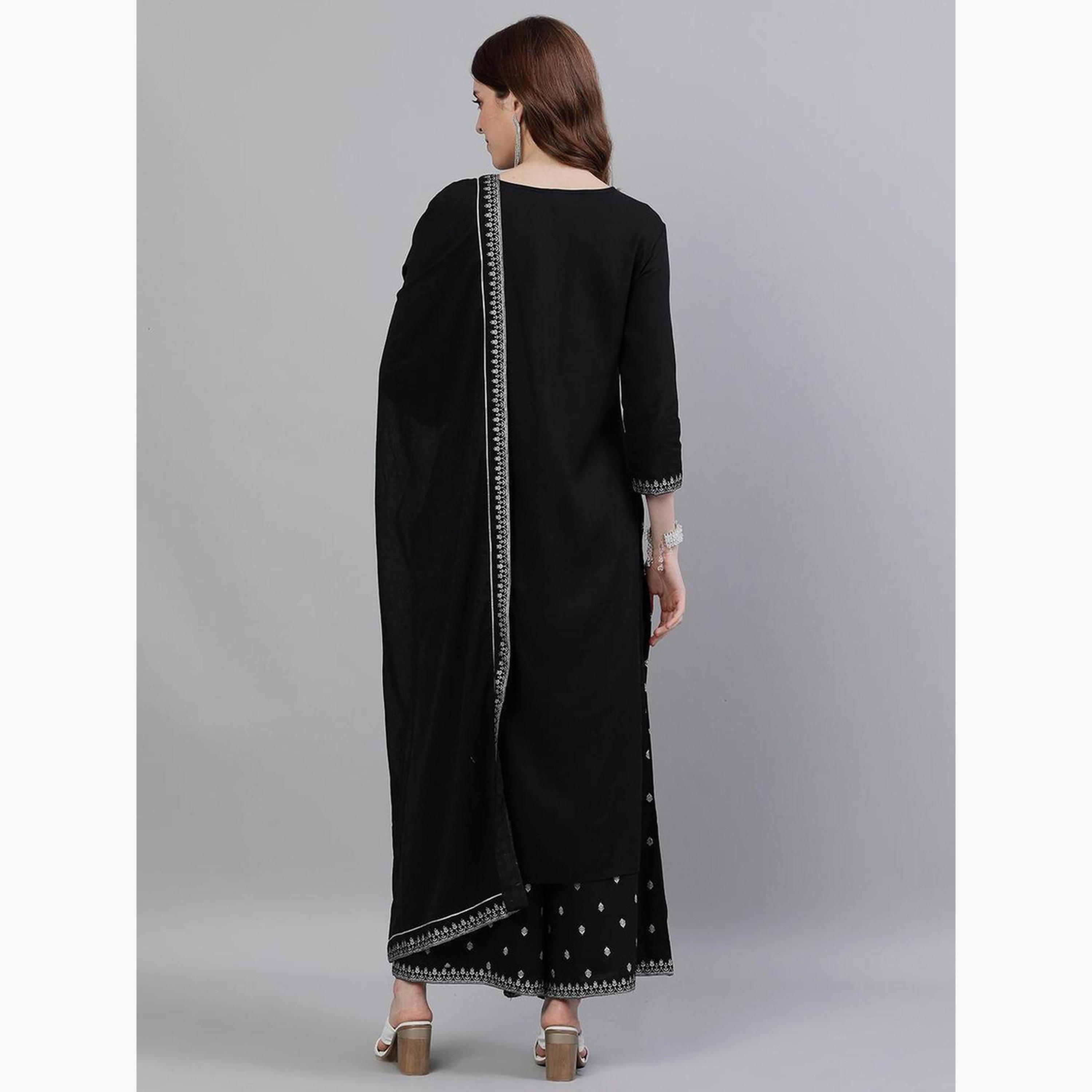 ايشين - كورتا (قميص طويل) مطرز باللون الأسود مع بنطال بالازو ووشاح دوباتا-women-clothing-ethnicwear-kurtasets-image-4