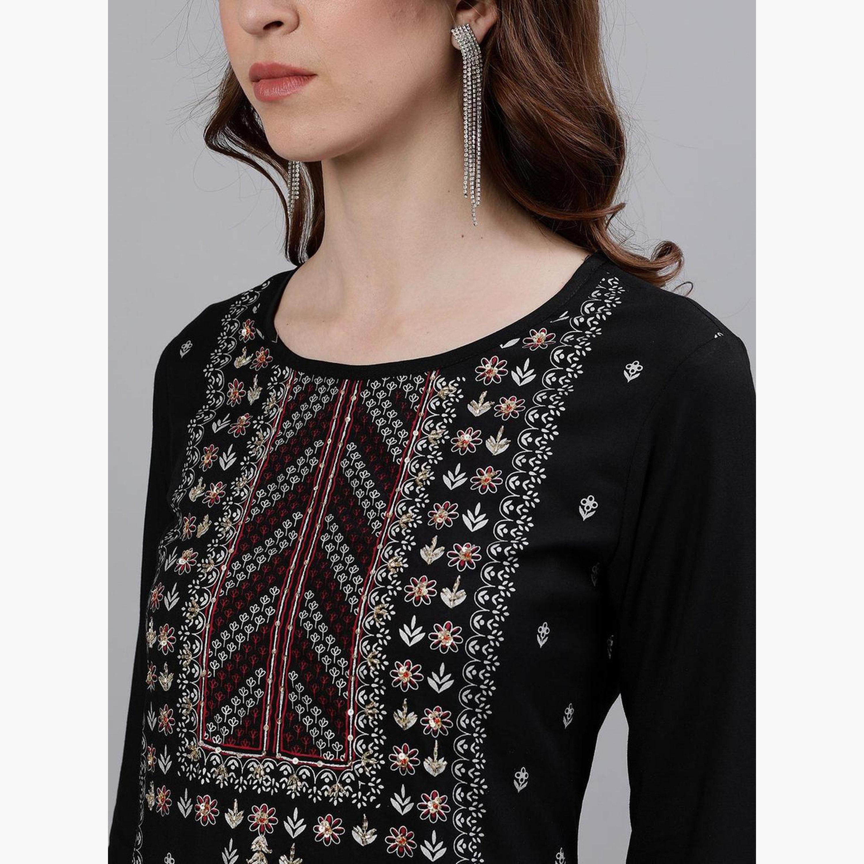 ايشين - كورتا (قميص طويل) مطرز باللون الأسود مع بنطال بالازو ووشاح دوباتا-women-clothing-ethnicwear-kurtasets-image-5