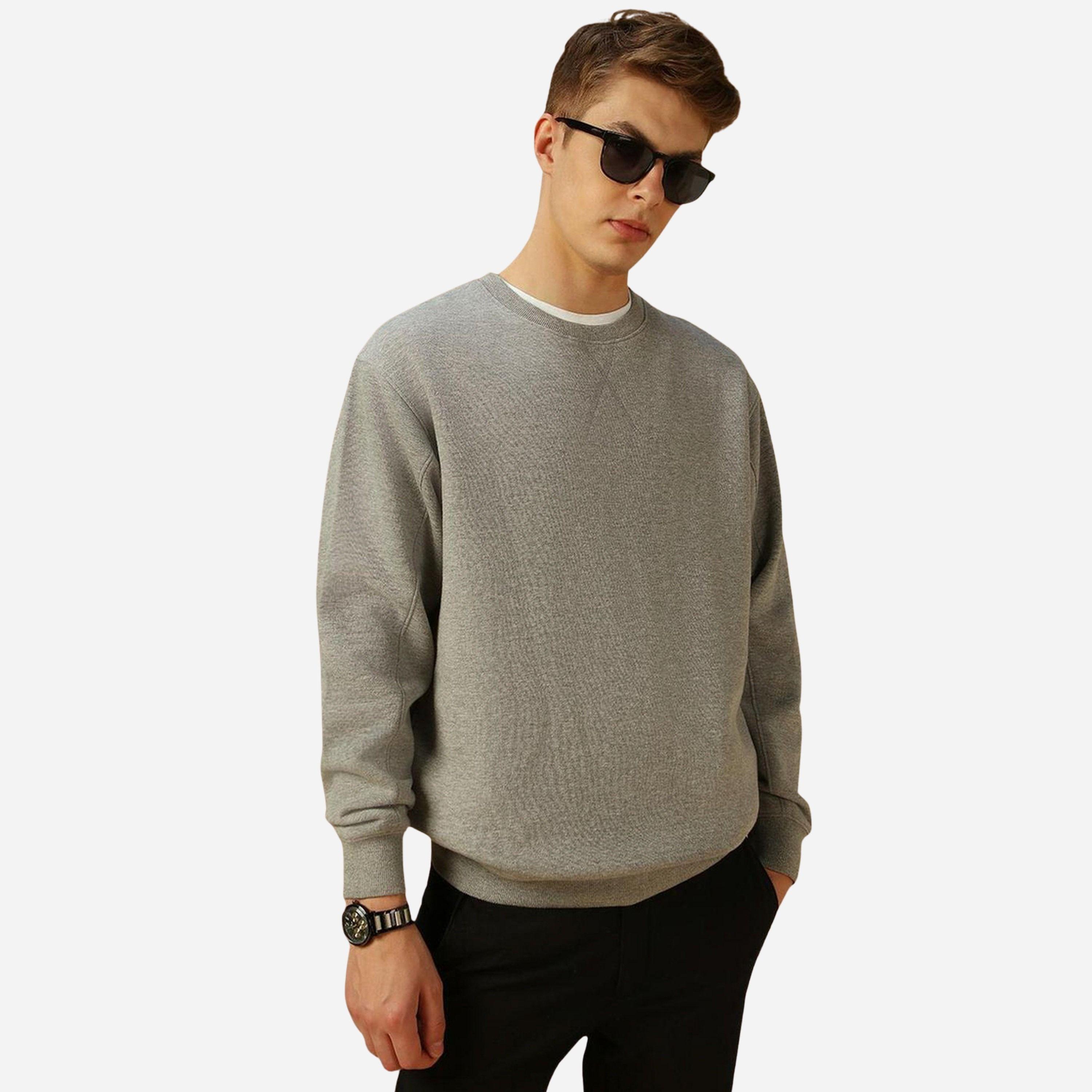 Dennis Lingo Men Grey Solid Round Neck Cotton Sweatshirt-men-winterwear-hoodiesandsweatshirts-image-1