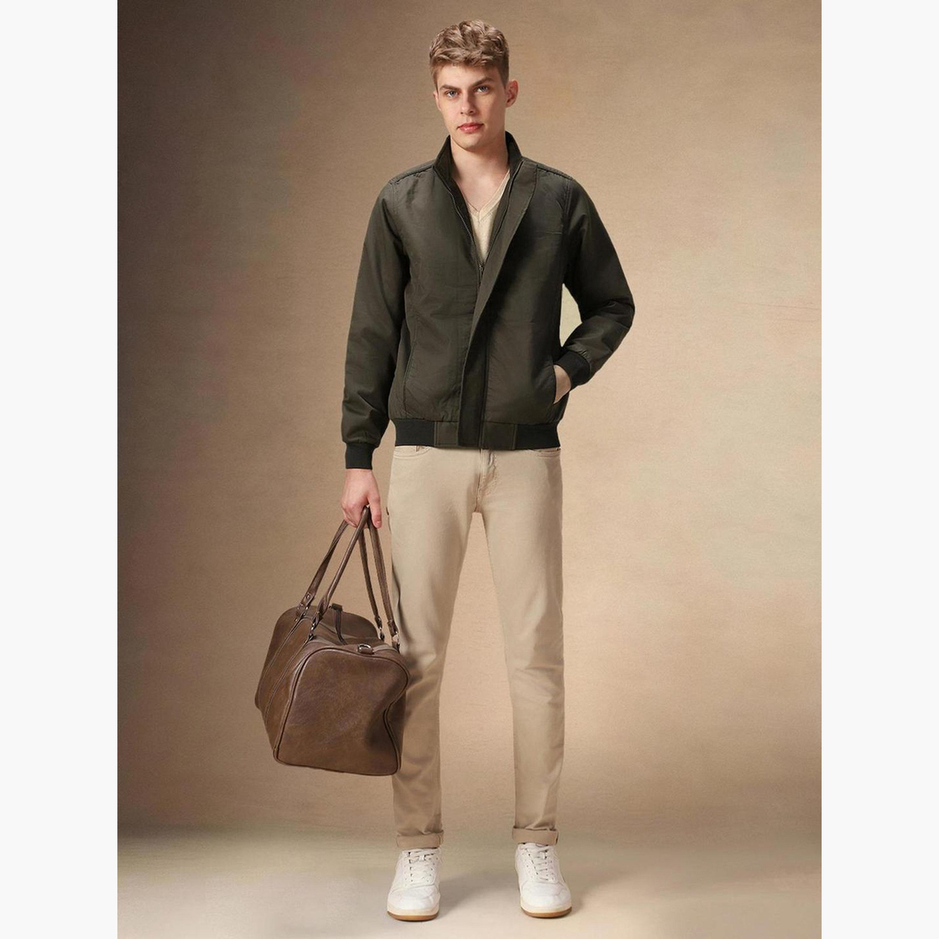 Dennis Lingo Solid High Neck Long Sleeves Men's Zip Through Bomber Jacket-men-clothing-jacketsandblazers-jackets-image-2