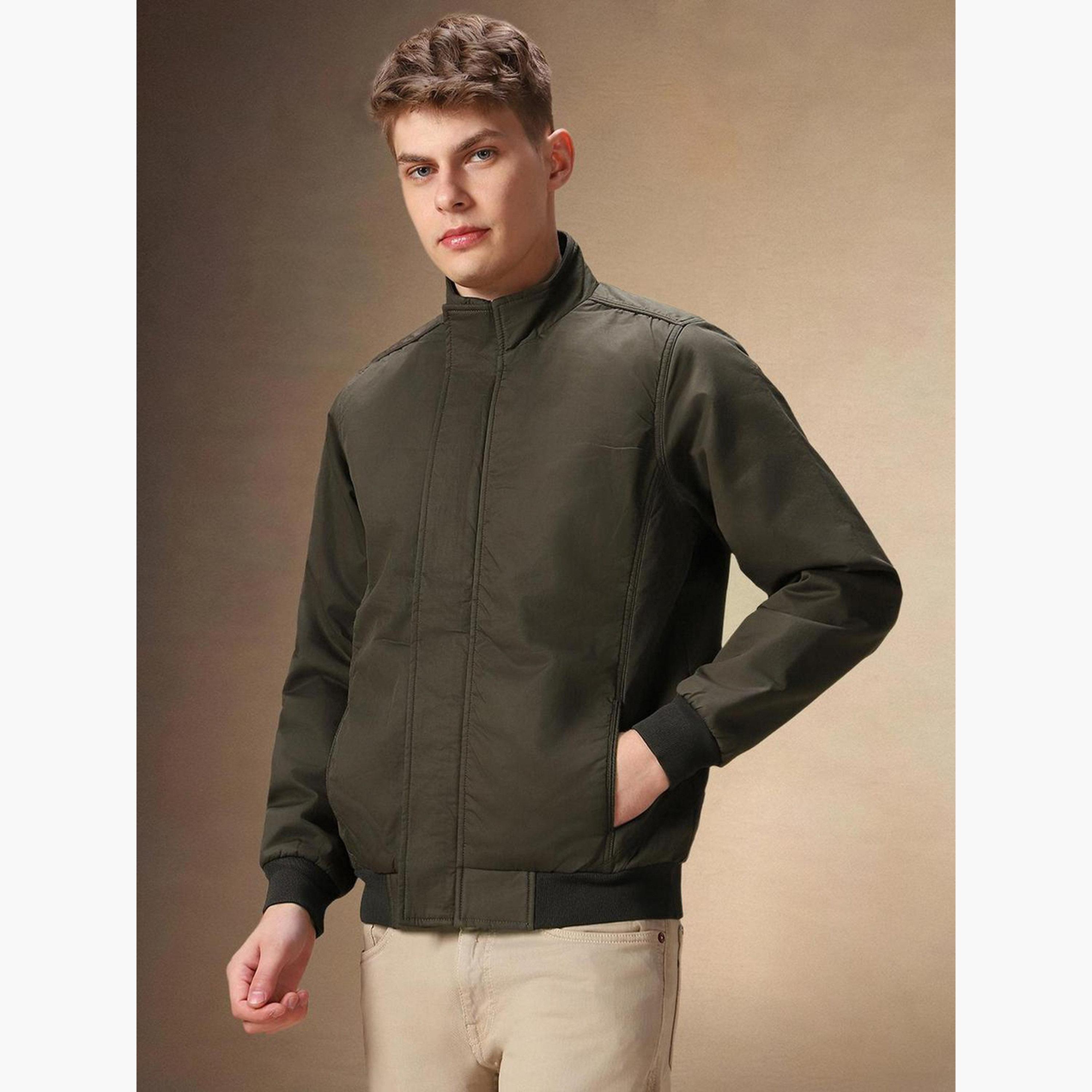 Dennis Lingo Solid High Neck Long Sleeves Men's Zip Through Bomber Jacket-men-clothing-jacketsandblazers-jackets-image-4