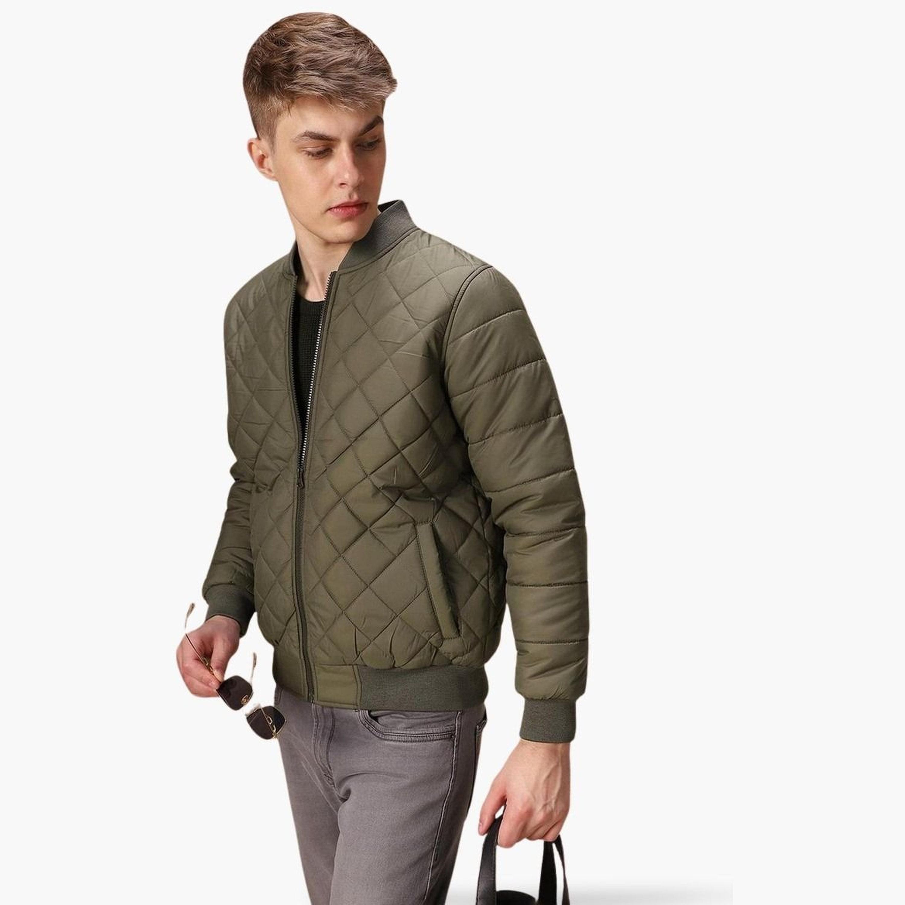 Dennis Lingo Quilted Round Neck Long Sleeves Men's Zip Through Bomber Jacket-men-clothing-jacketsandblazers-jackets-image-1