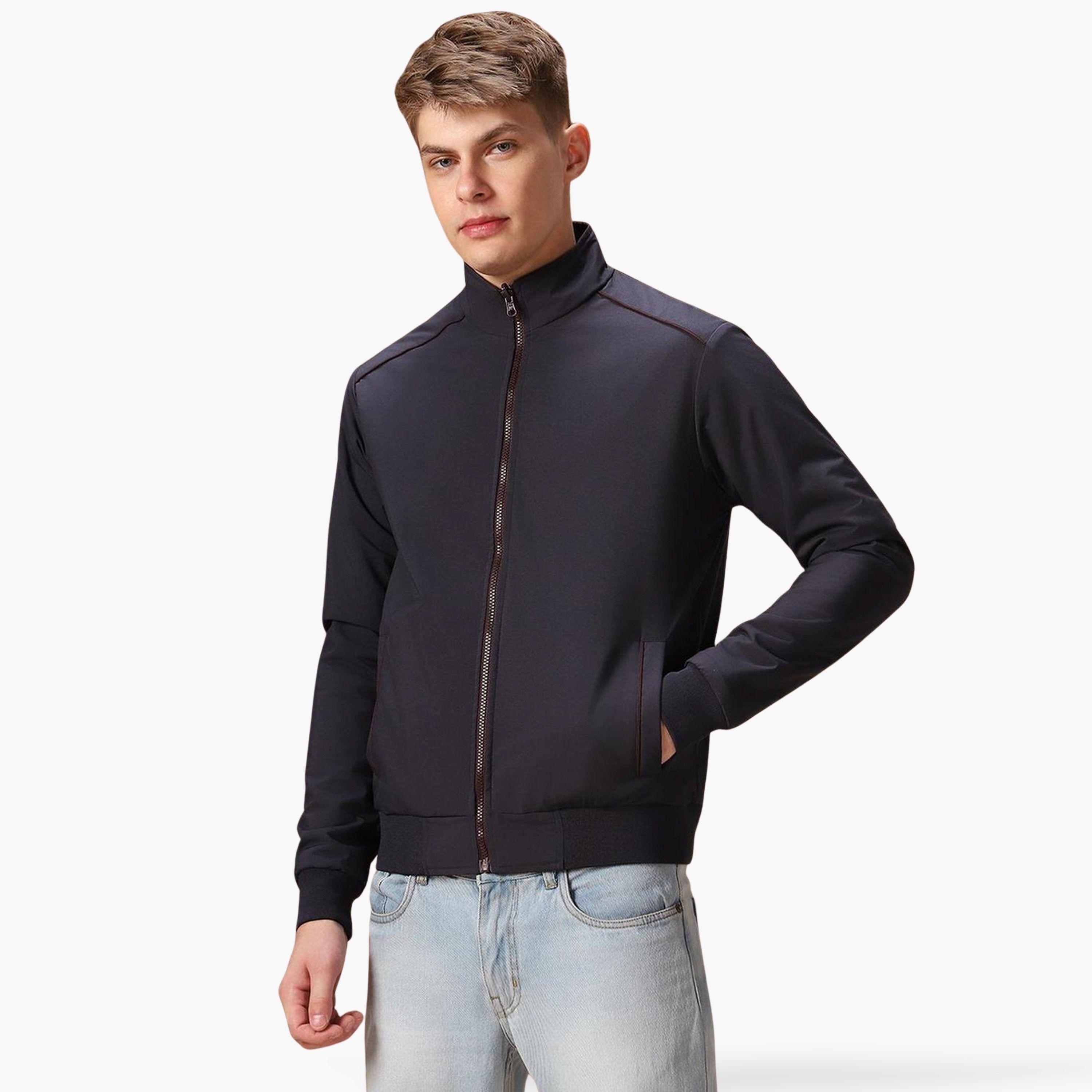 Dennis Lingo Plain Collared Long Sleeves Men's Zip Up Bomber Jacket-men-clothing-jacketsandblazers-jackets-image-1