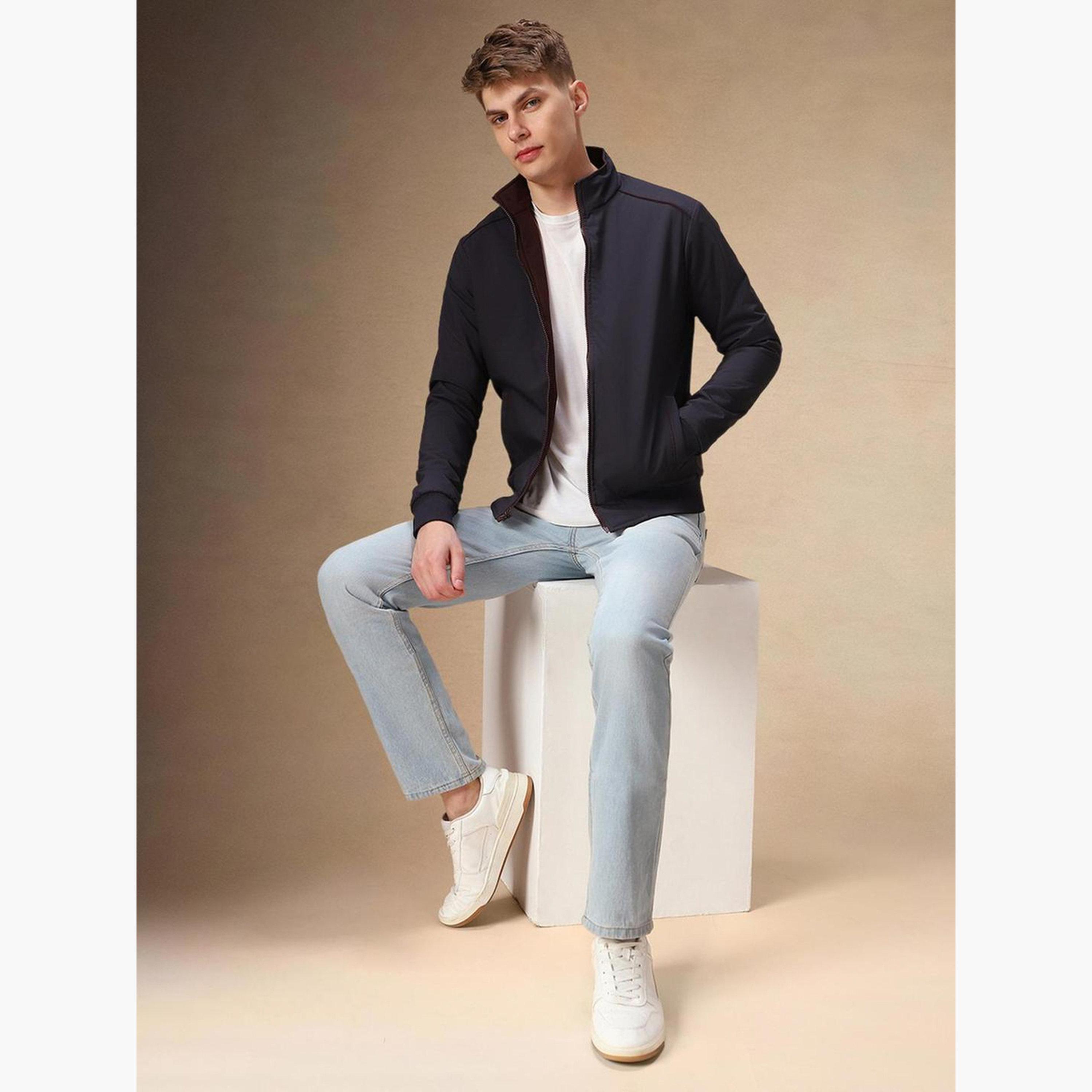Dennis Lingo Plain Collared Long Sleeves Men's Zip Up Bomber Jacket-men-clothing-jacketsandblazers-jackets-image-2