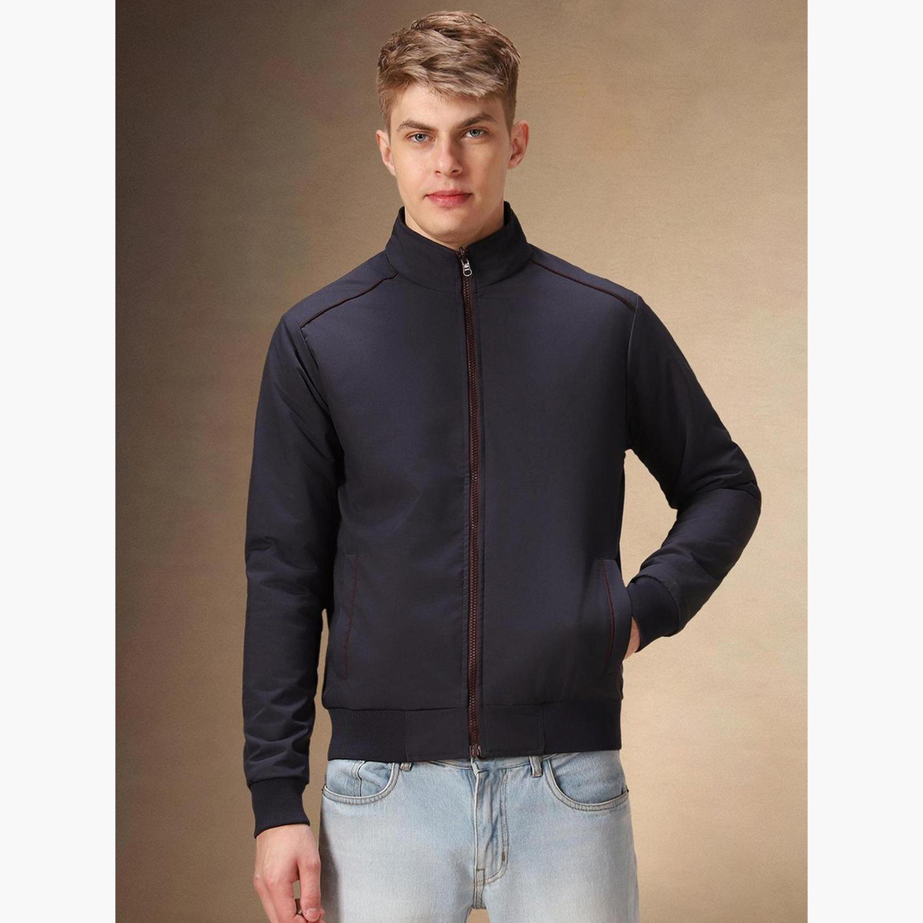 Dennis Lingo Plain Collared Long Sleeves Men's Zip Up Bomber Jacket-men-clothing-jacketsandblazers-jackets-image-4