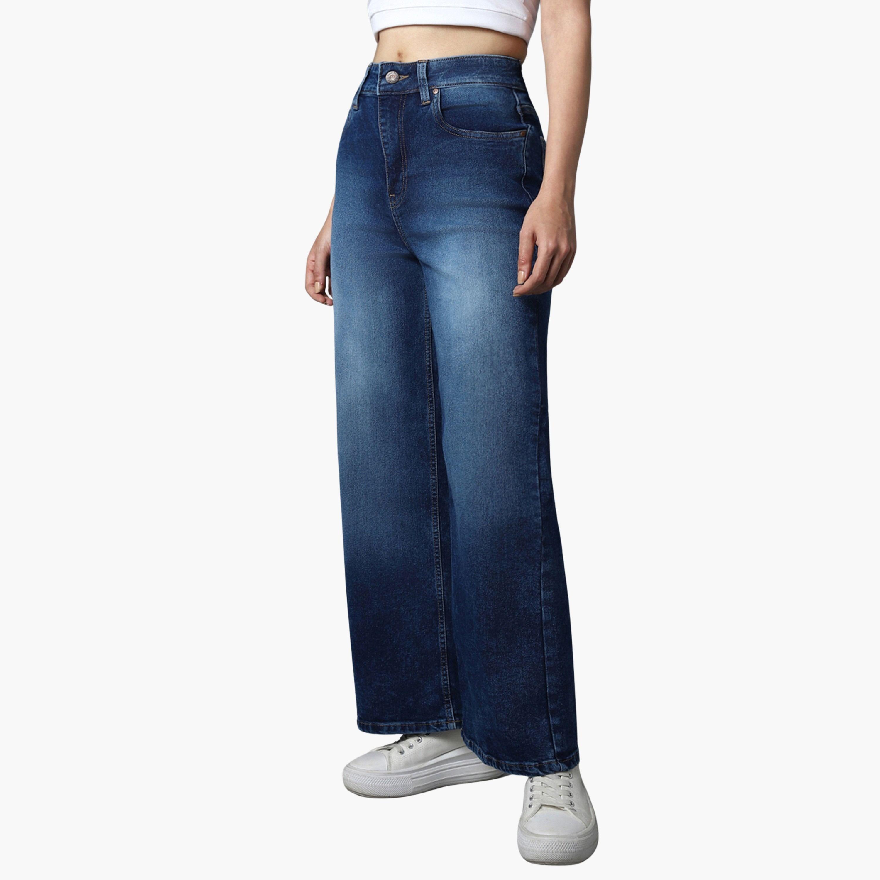 هاي ستار - بنطال جينز قطني باهت اللون ذو خصر مرتفع وساق واسعة-women-clothing-bottoms-jeans-image-1