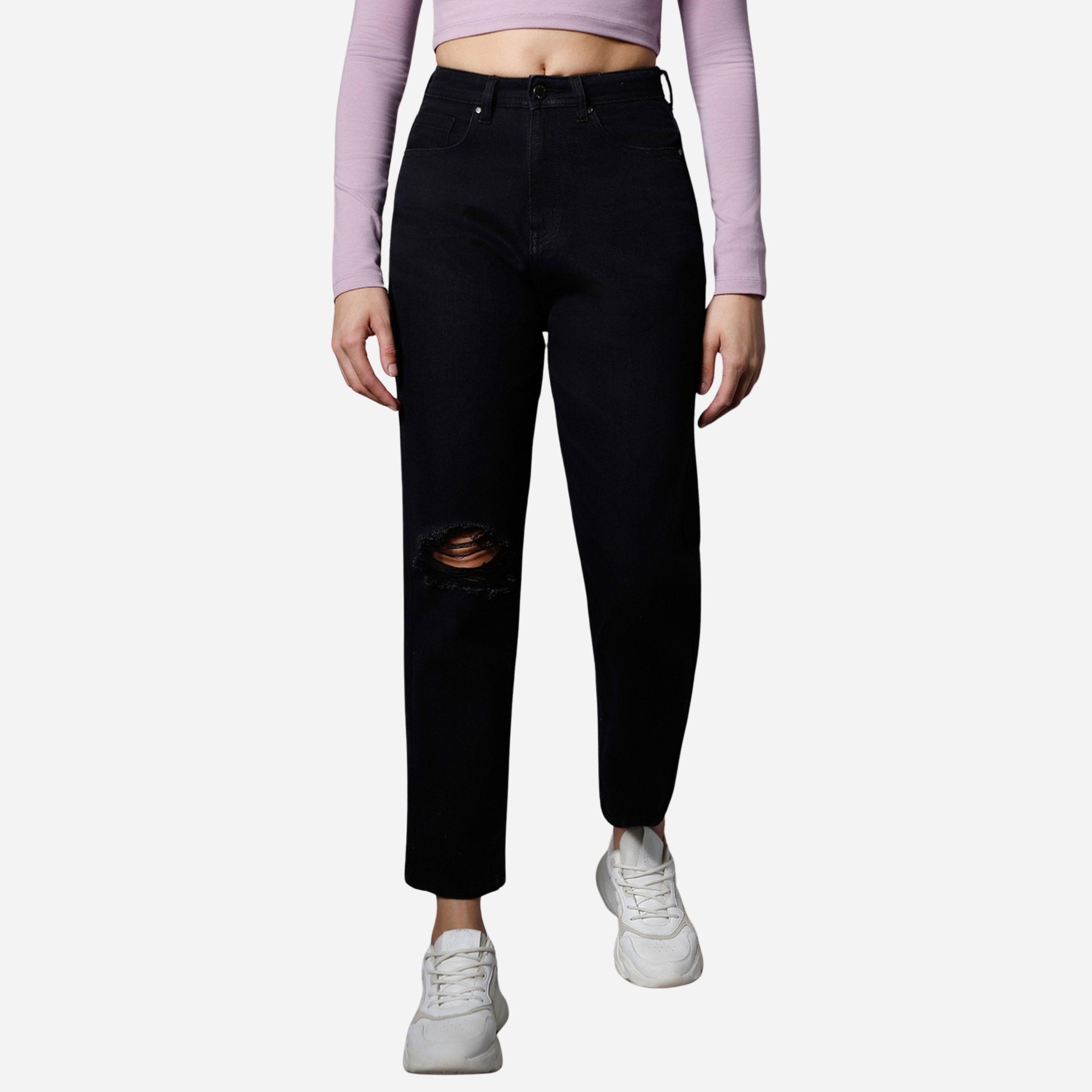 High Star Women Black High-Rise Ripped Knee Jeans-women-clothing-bottoms-jeans-image-1