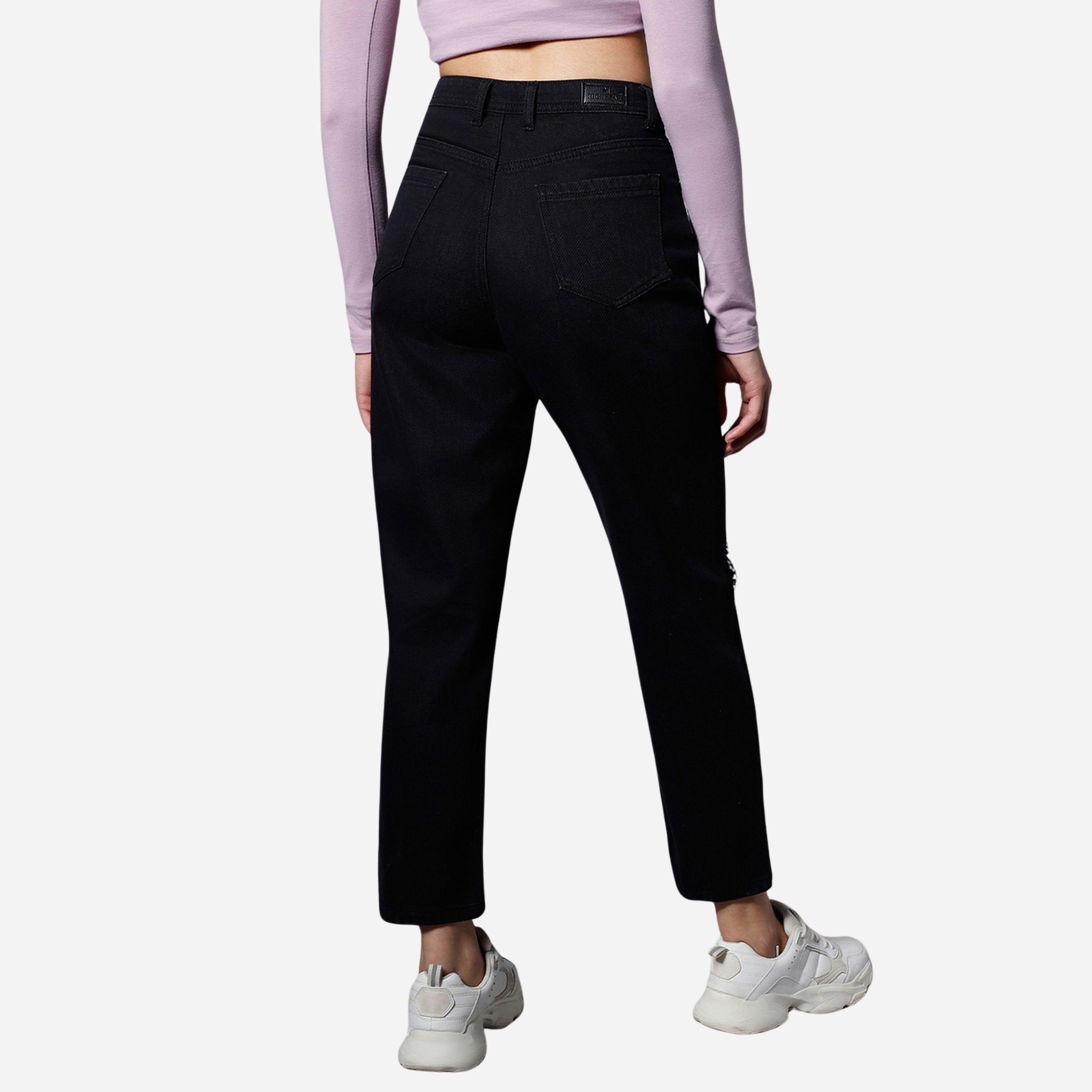 هاي ستار - بنطال جينز نسائي لون أسود عالي الخصر ممزق عند الركبة-women-clothing-bottoms-jeans-image-6