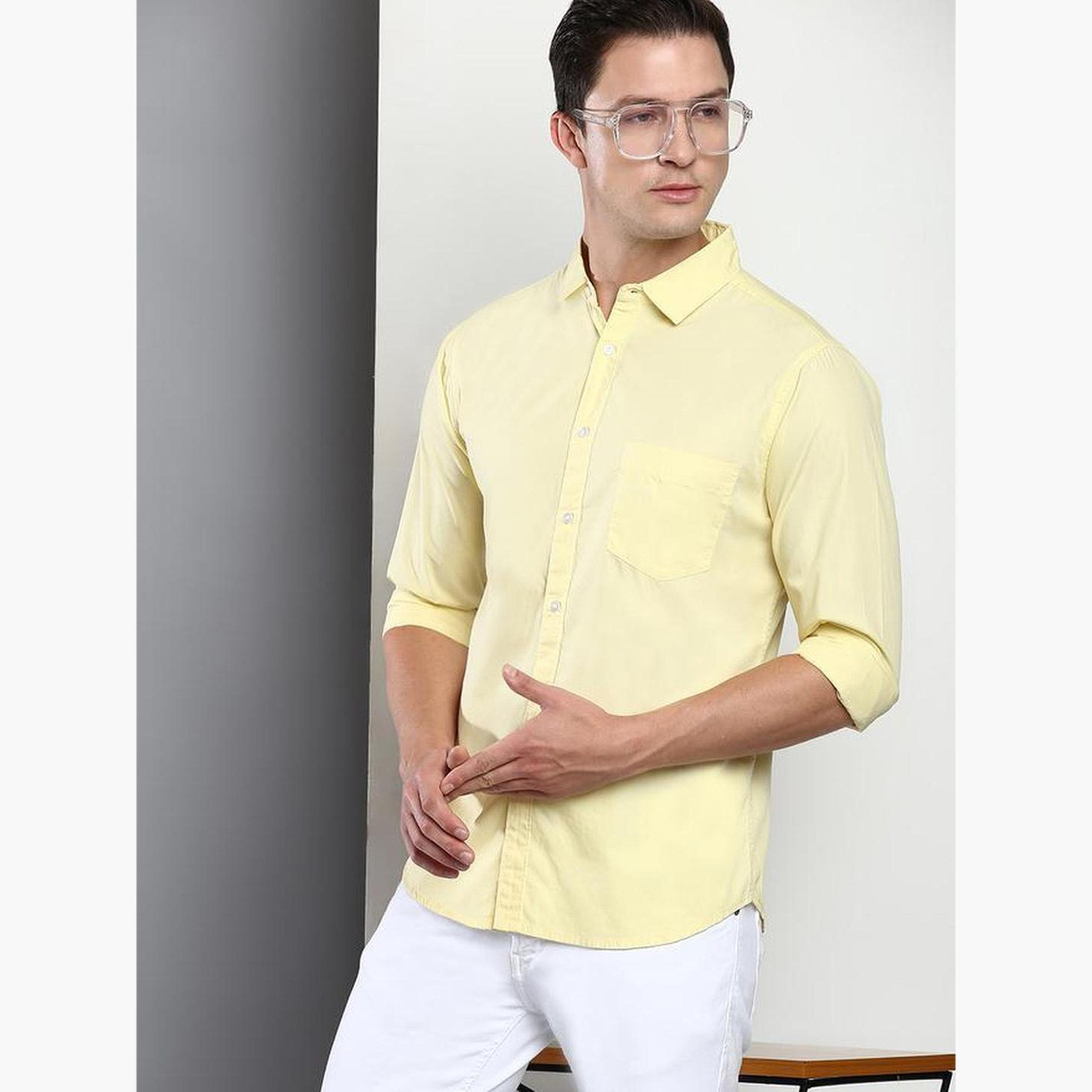 Dennis Lingo Men Yellow Slim Fit Solid Cotton Casual Shirt-men-clothing-shirts-image-4