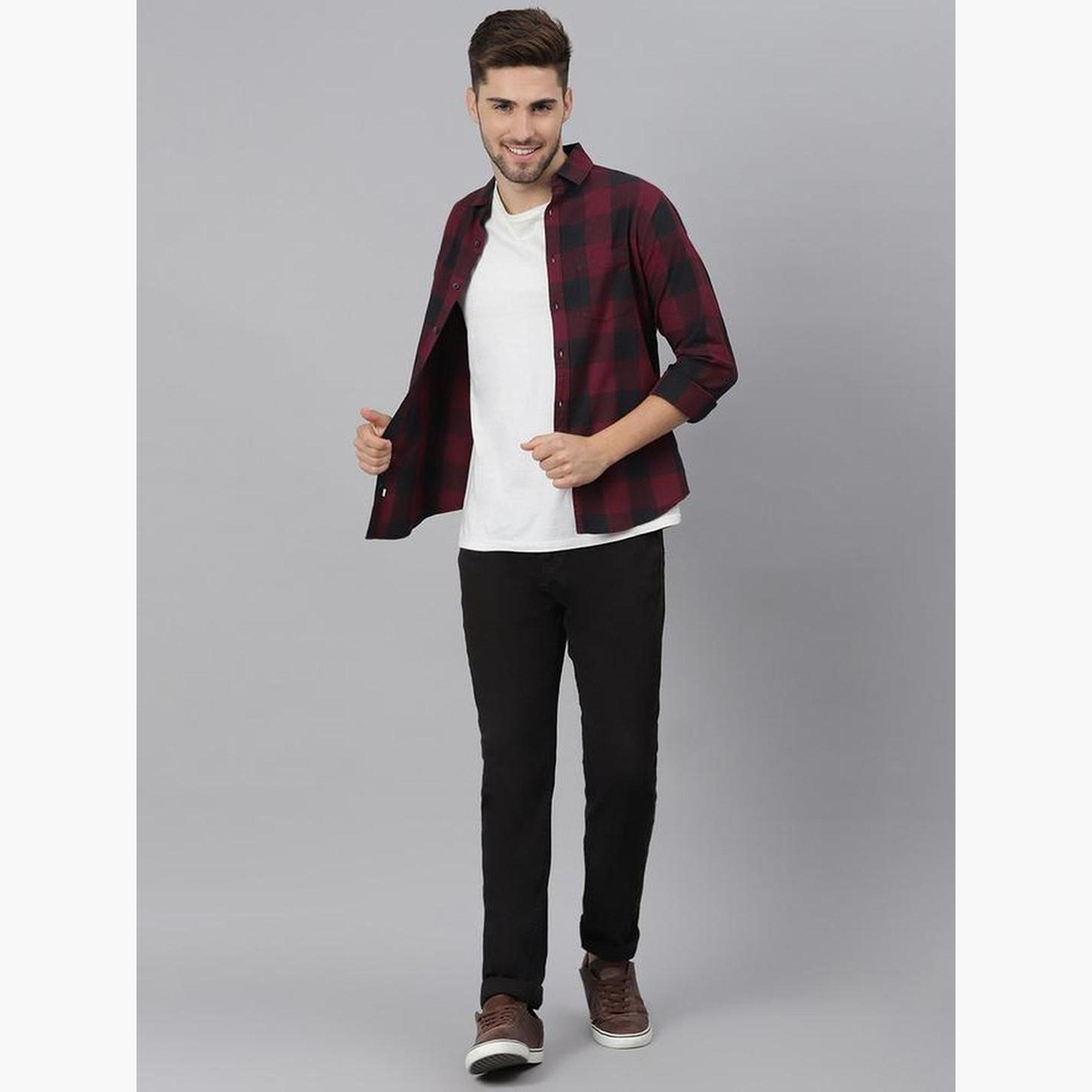 دينيس لينغو - قميص رجالي كاجوال منقوش بتصميم نحيف بلون البرغندي-men-clothing-shirts-image-3
